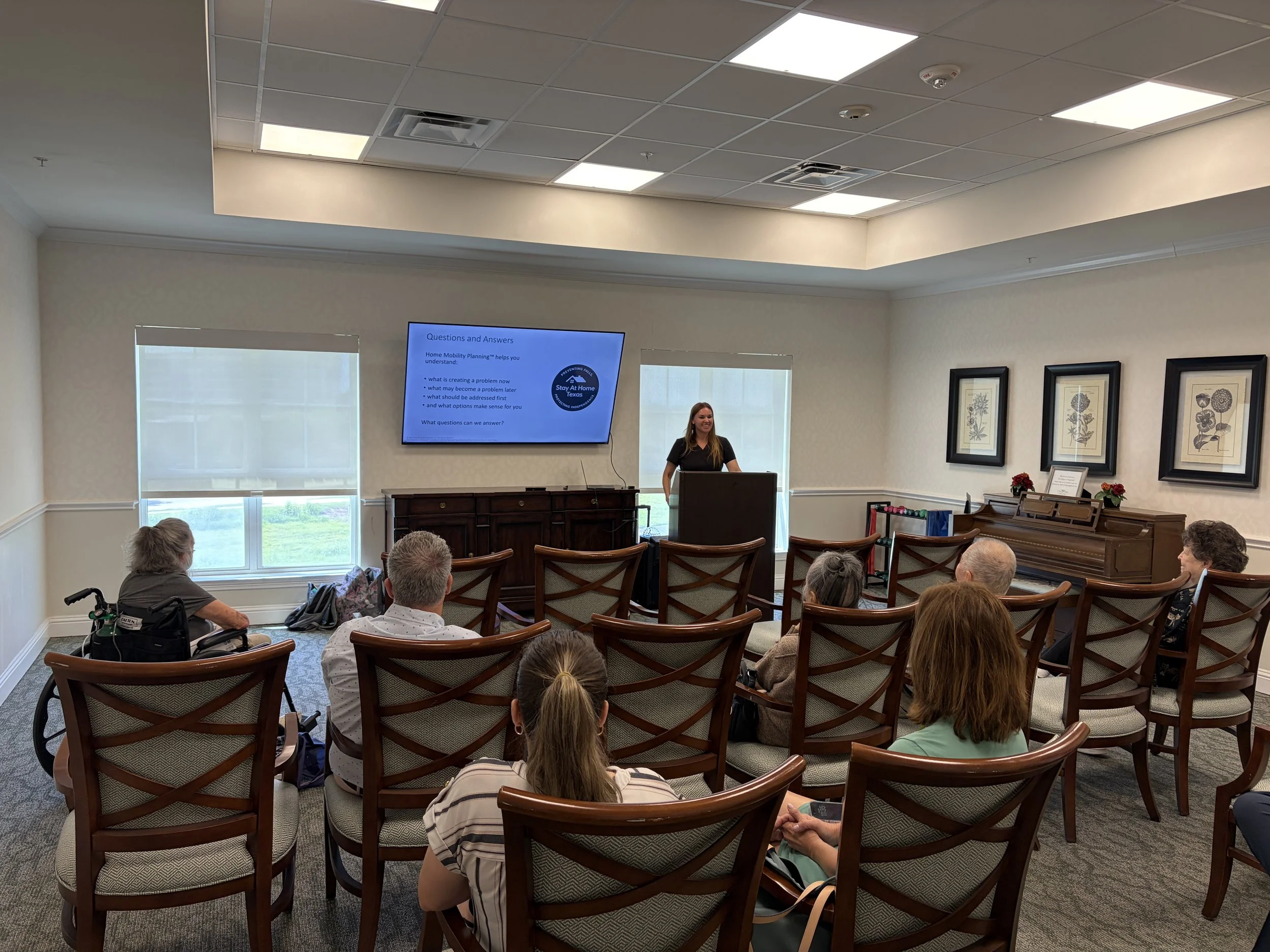 Paige Denny speaking to residents at The Village of Meyerland about Home Mobility Planning, independence, and daily life at home.