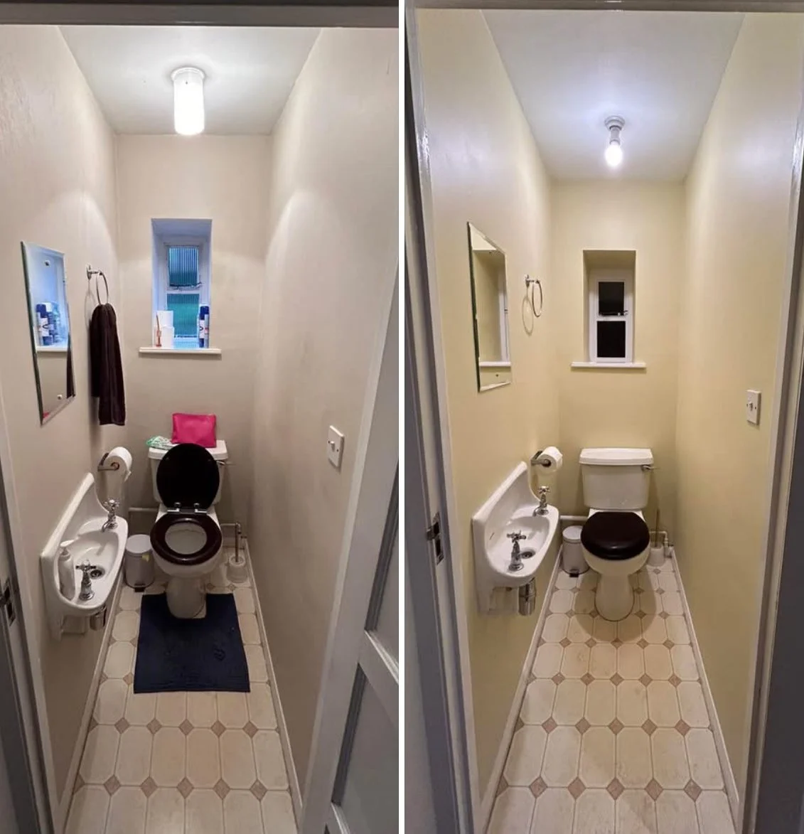 Side-by-side comparison of a small bathroom before and after renovation, featuring a toilet, small sink, small window, and changes in wall color and fixtures.