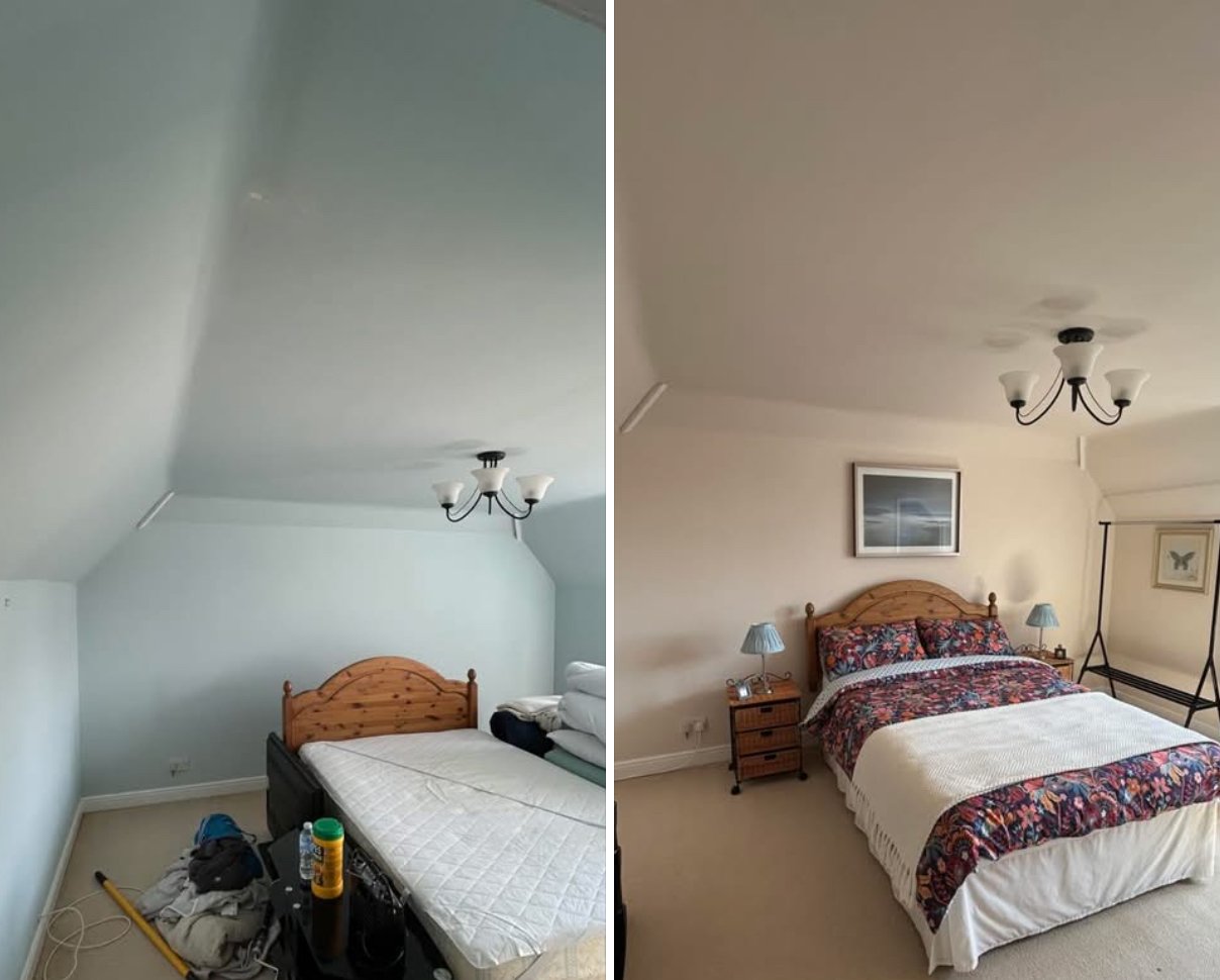 Side-by-side comparison of a bedroom before and after renovation. The left side shows a messy, unfinished room with a plain wall, a mattress without bedding, clothes and cleaning supplies on the floor, and an old light fixture. The right side displays a clean, decorated bedroom with a bed featuring a floral quilt, a nightstand with lamps, framed artwork, and a butterfly picture on the wall, with a new light fixture.