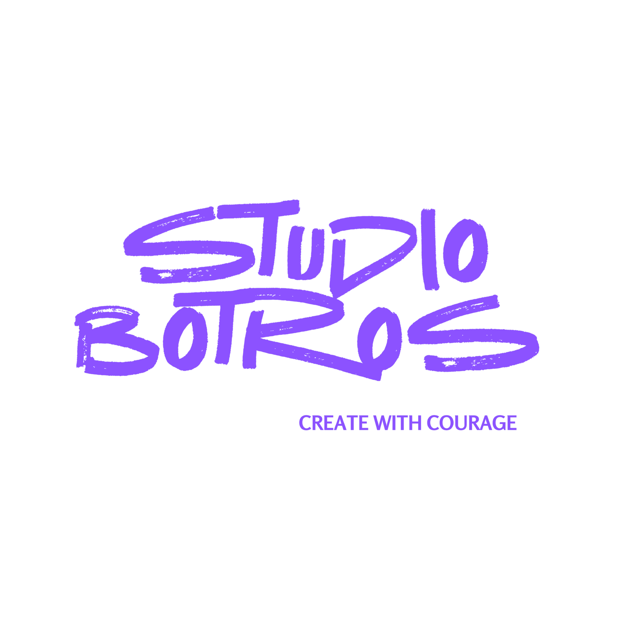 Purple graffiti-style text reads 'Studio Botros' against a black background, with the phrase 'Create with Courage' below in smaller purple font.