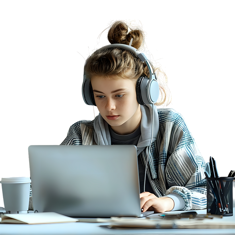 Student with headphones using a laptop for online tech courses.