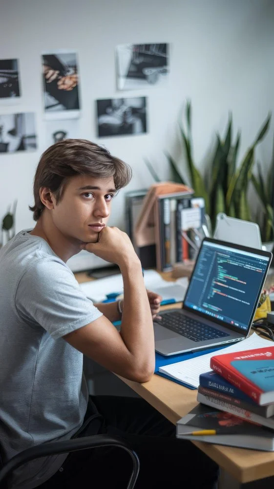A young male student coding in Python on a laptop, learning software development and backend engineering at his desk.