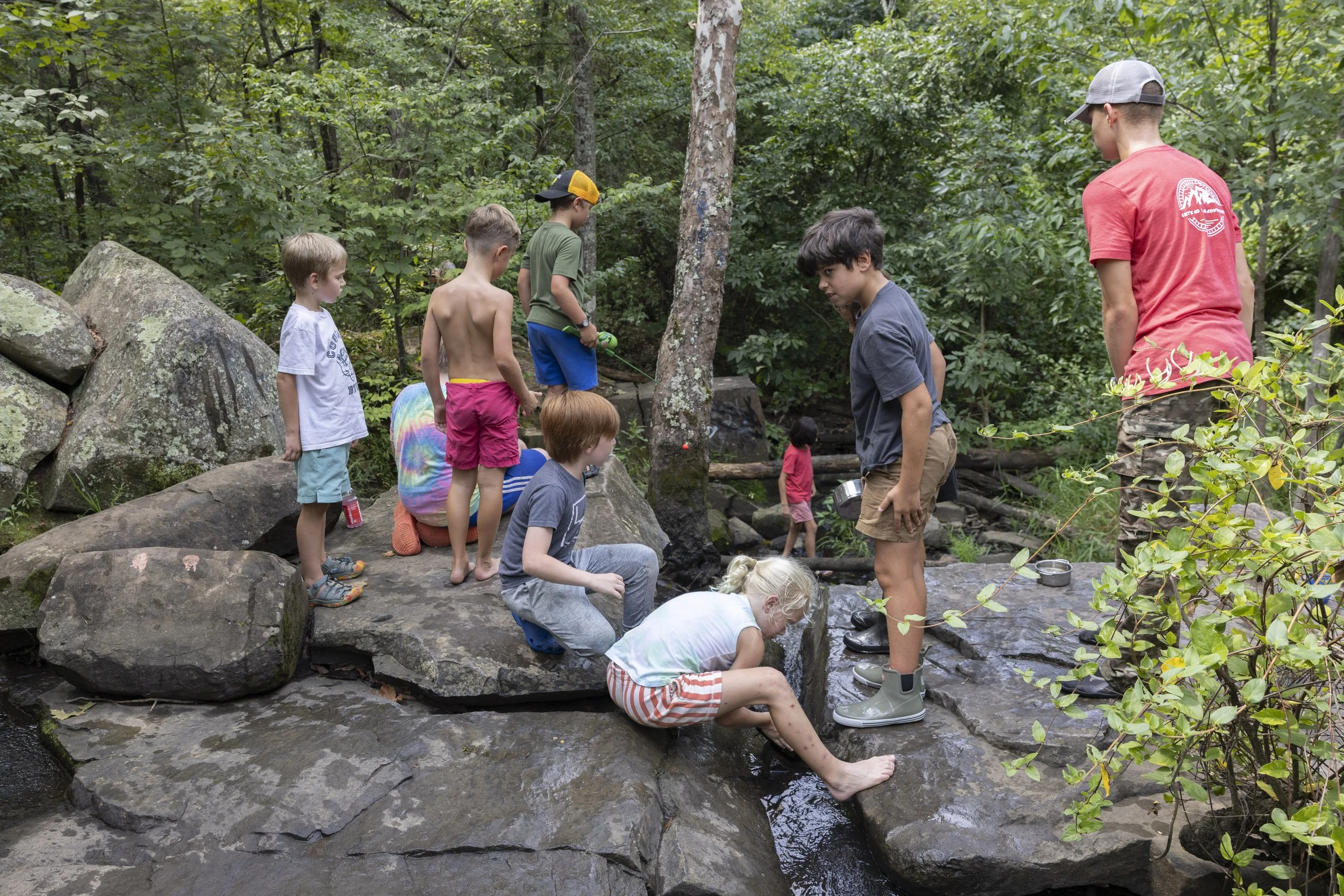 HERNDON, Va. — Wild & Free members gather for a book discussion and creek play at Frying Pan Farm Park on Aug. 28, 2026. The group discussed “Freddy Goes to Florida.” (Liz Helgesen)