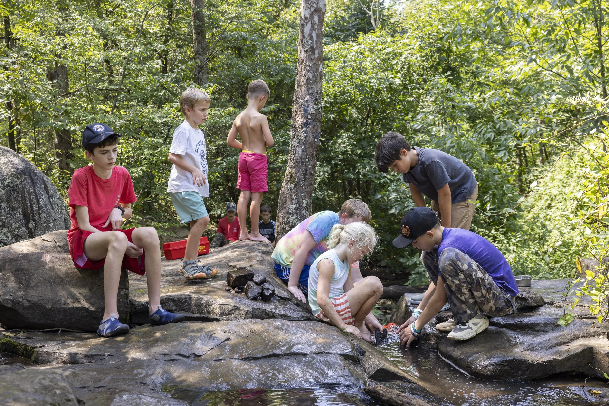 HERNDON, Va. — Wild & Free members gather for a book discussion and creek play at Frying Pan Farm Park on Aug. 28, 2026. The group discussed “Freddy Goes to Florida.” (Liz Helgesen)