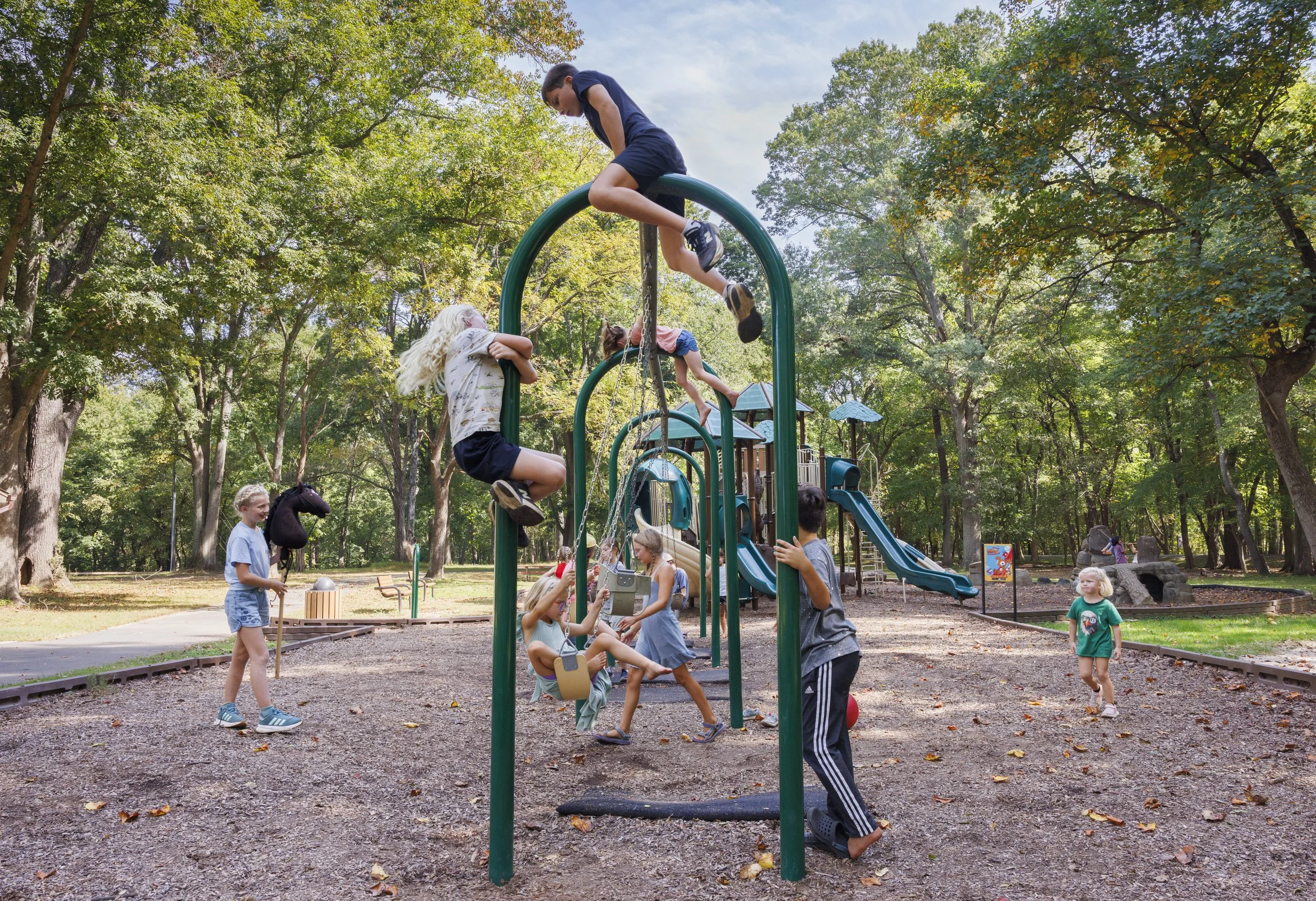 STERLING, Va. — Members of the Wild & Free homeschool group gather at Algonkian Regional Park for a three-mile hike followed by playground time. (Liz Helgesen)