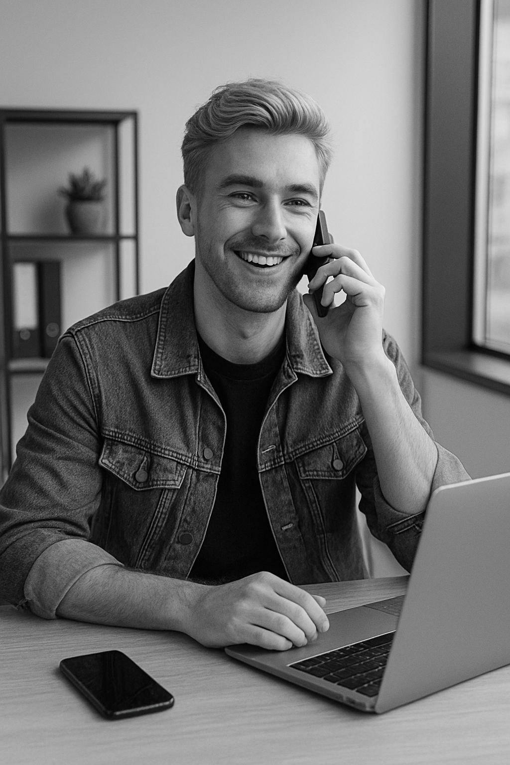 A young man with blonde hair smiling while talking on a cell phone in an office setting, with a laptop and smartphone on the desk in front of him.