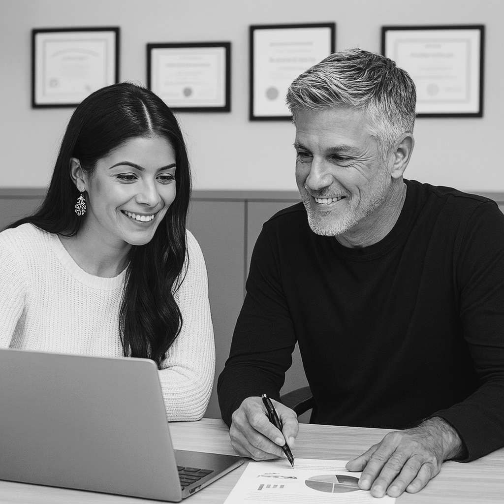 A woman and a man are sitting at a table in an office, looking at a laptop and a pie chart on a paper, smiling and possibly discussing business or work-related topics.