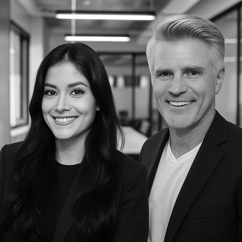 A black and white photo of a young woman with long dark hair and an older man with short, light-colored hair, both smiling, in an indoor setting.
