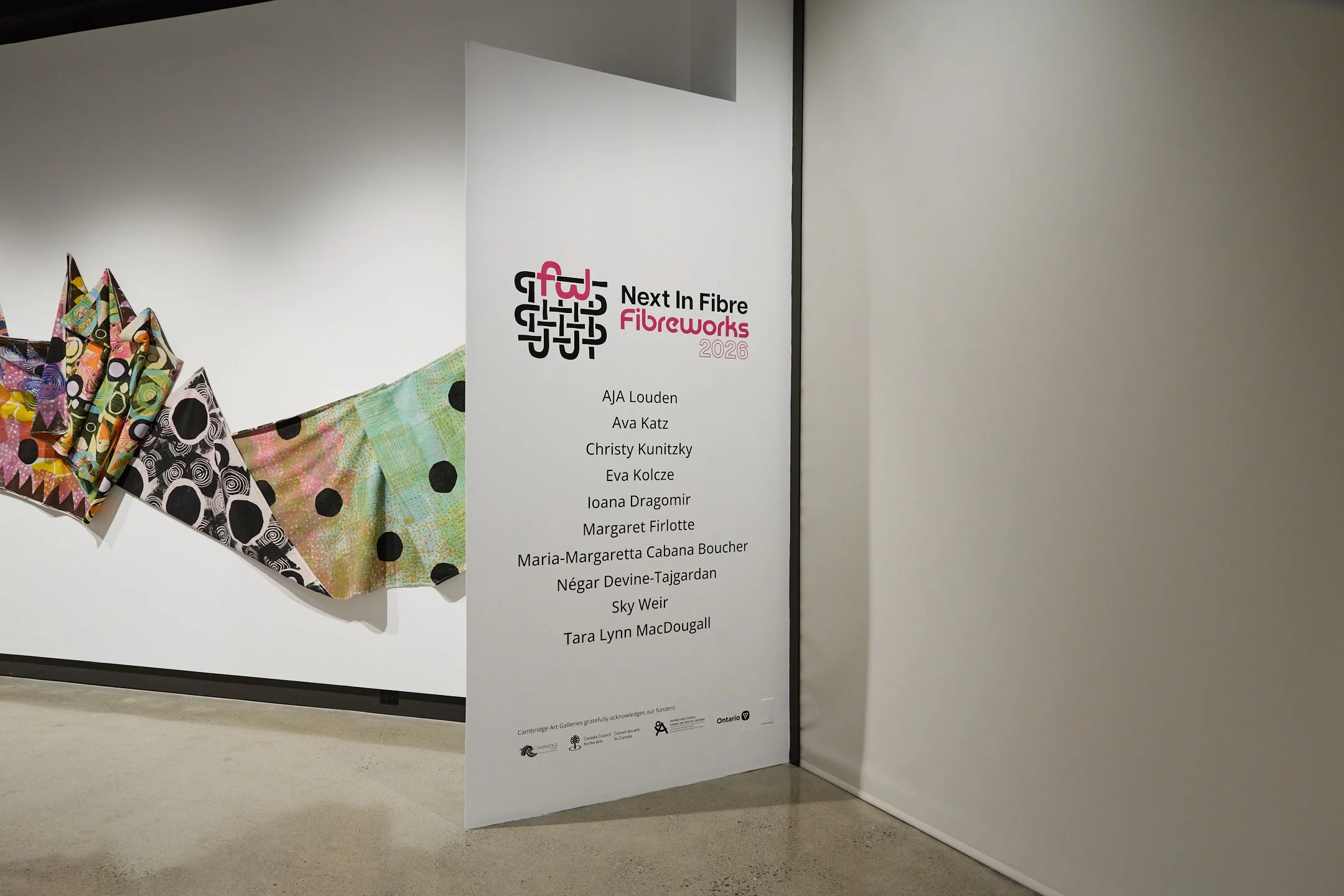 Installation view, Next in Fibre: Fibreworks 2026, Cambridge Art
Galleries, Queen’s Square. Photograph by Scott Lee. Courtesy of
Cambridge Art Galleries.
