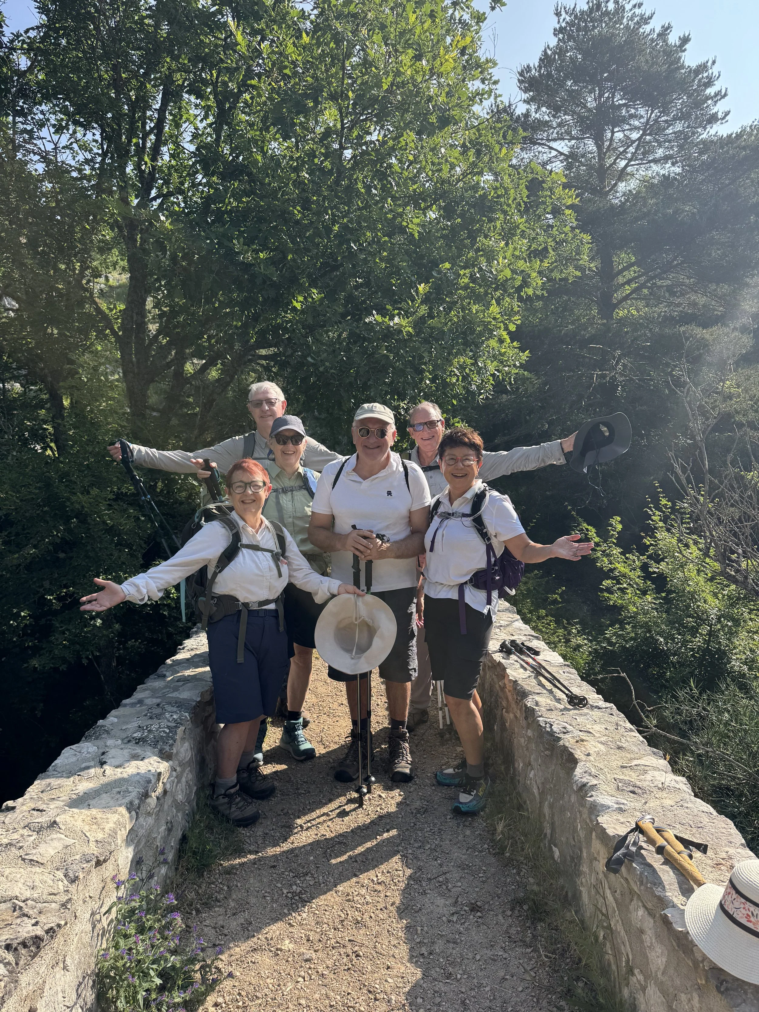A group of six older adults smiling and posing on a stone bridge in a wooded area on a sunny day, dressed in outdoor hiking attire, with some holding hiking poles and hats placed on the bridge.