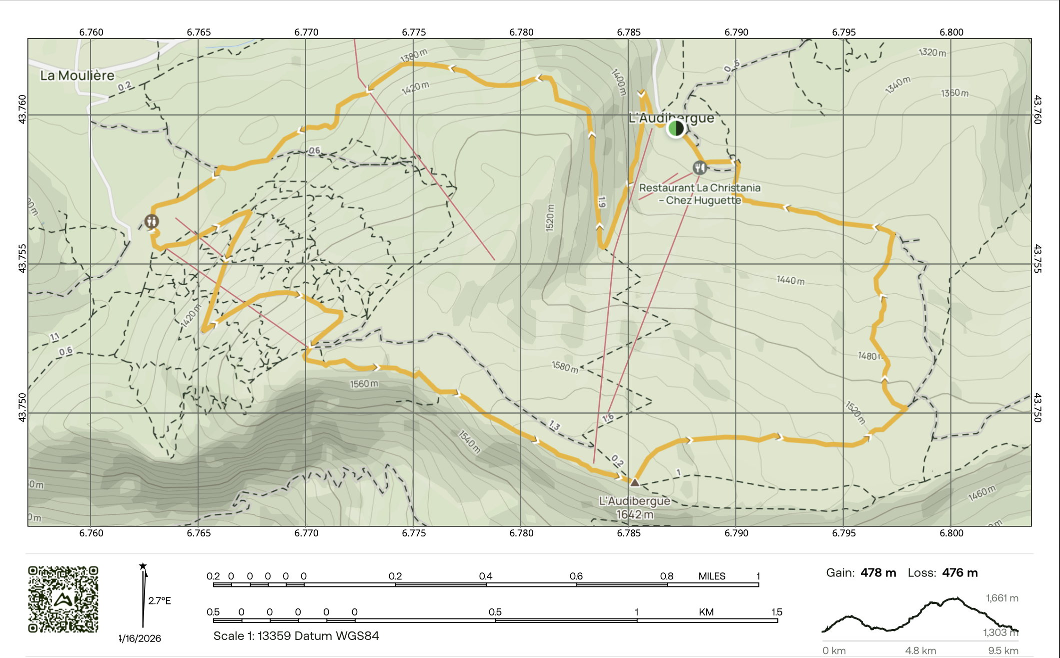 Topographic map of a hiking trail around La Audibergue, showing elevation contours, trail route in orange, and points of interest like restaurants, with grid lines and coordinates.