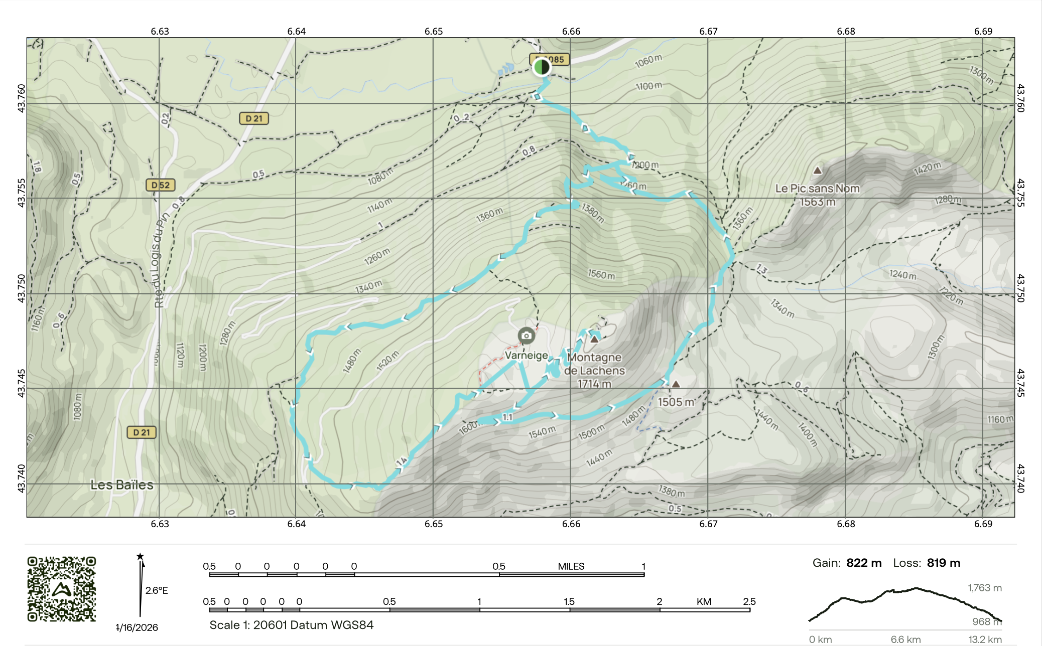 Topographic map showing trails, elevation lines, and landmarks in a mountainous area, with names like Le Pic sans Nom, Varneige, and Montagne de Lachens, including route markings and elevation data.