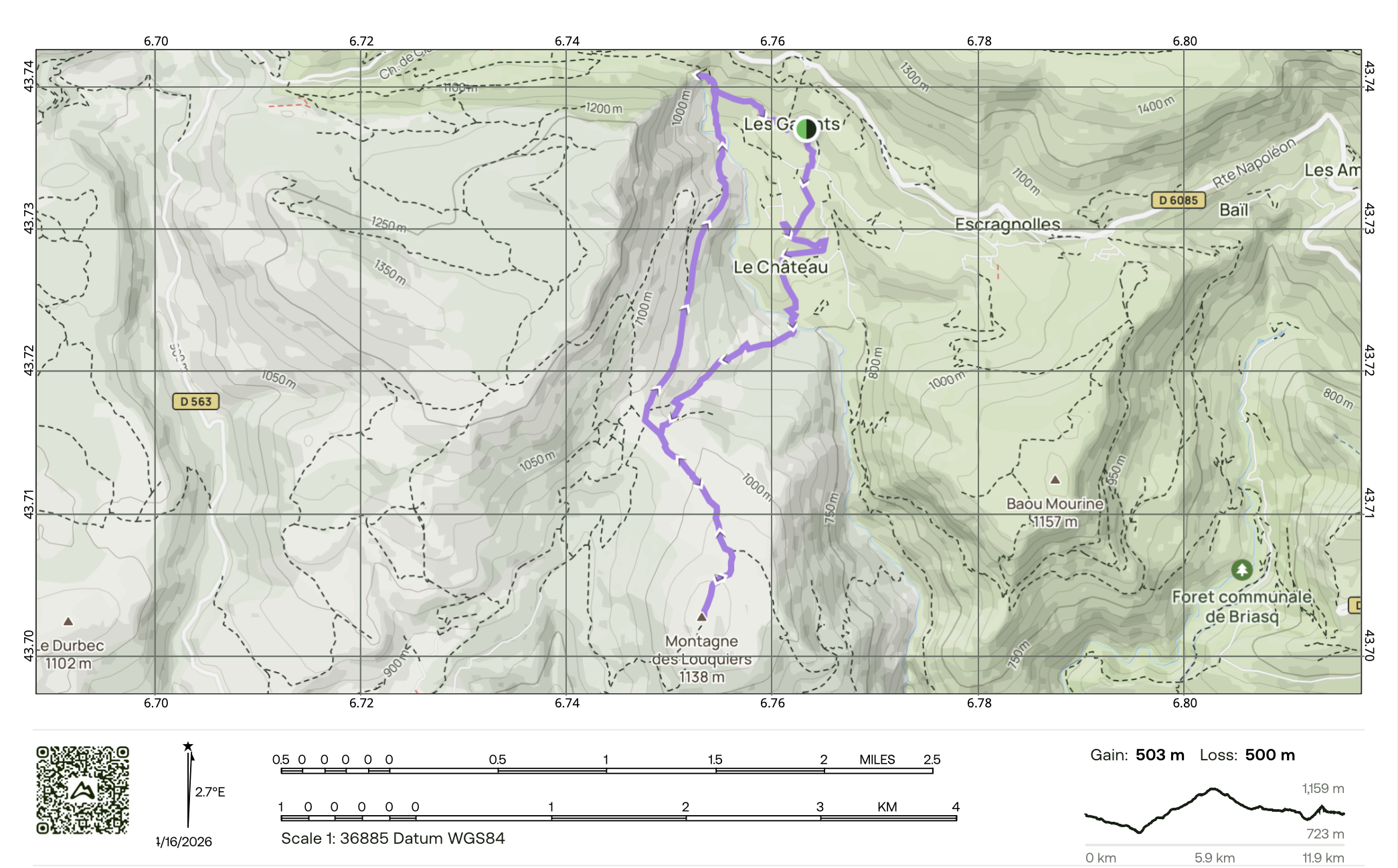 Topographic map showing a hiking trail through mountainous terrain near Les Gouots, Le Château, and Baïl, with elevation lines, contour labels, and trail markings.