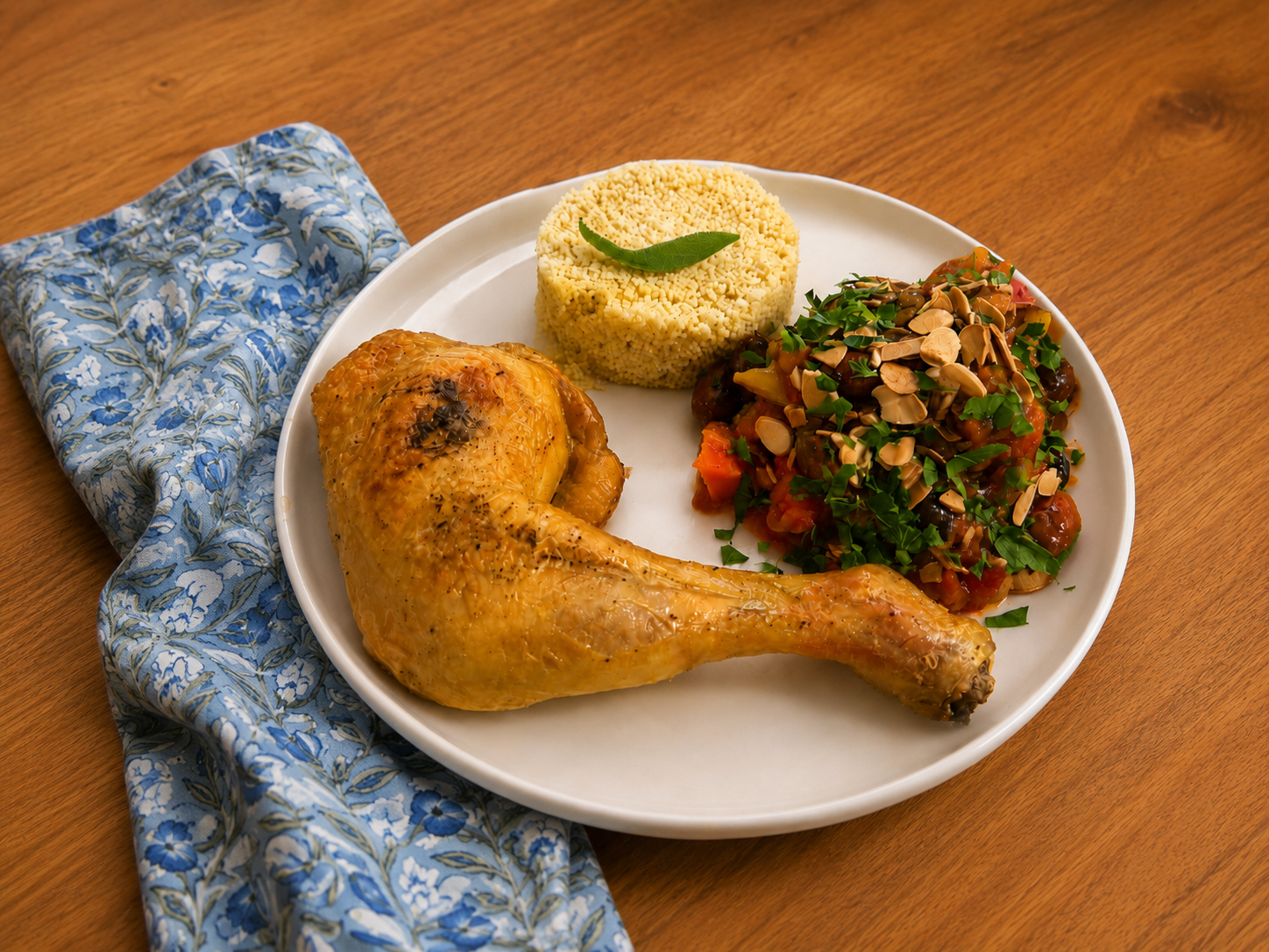 Plate with roasted chicken leg, couscous garnished with a leaf, and vegetable stew topped with chopped nuts and herbs on a wooden table