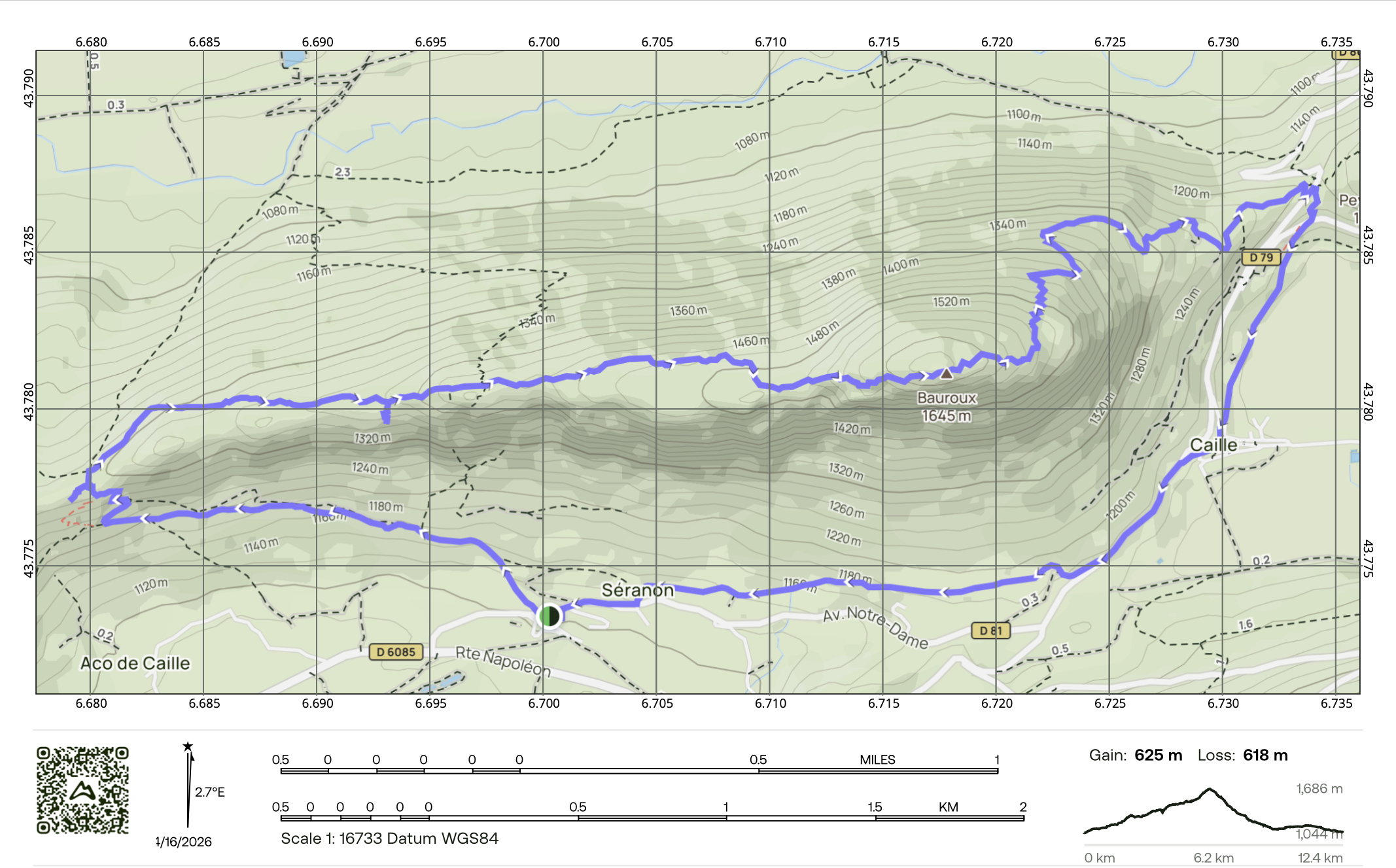 Topographic map showing a hiking trail in a mountainous area with elevation markings, dashed trails, and roads, including the locations of Aco de Caille, Séranon, and Caille, with a scale and elevation profile at the bottom.
