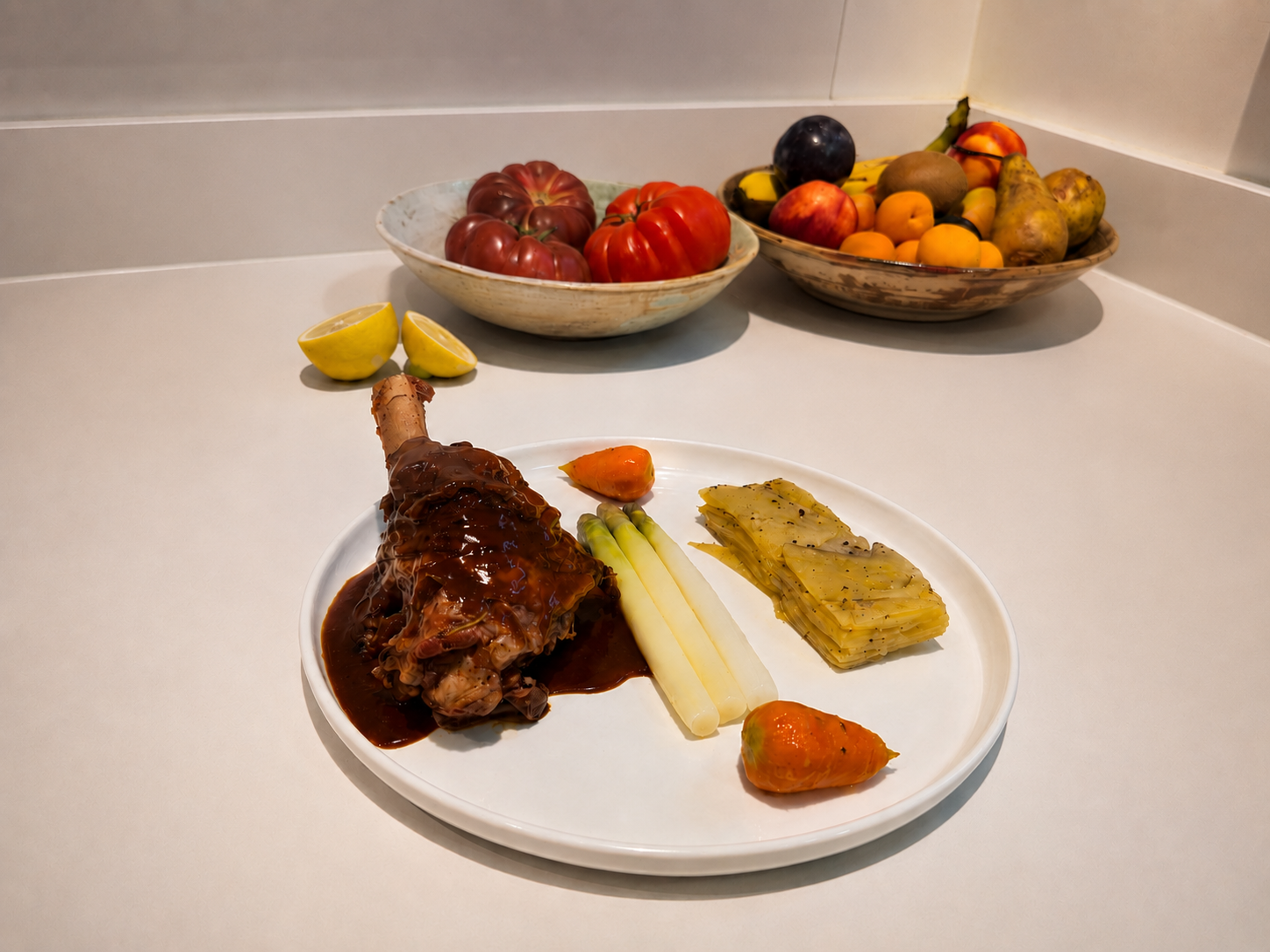 Plate with cooked meat, white asparagus, sliced yellow vegetables, and small tomatoes, on a white table; two bowls of fresh tomatoes, apples, pears, and other fruits in the background.