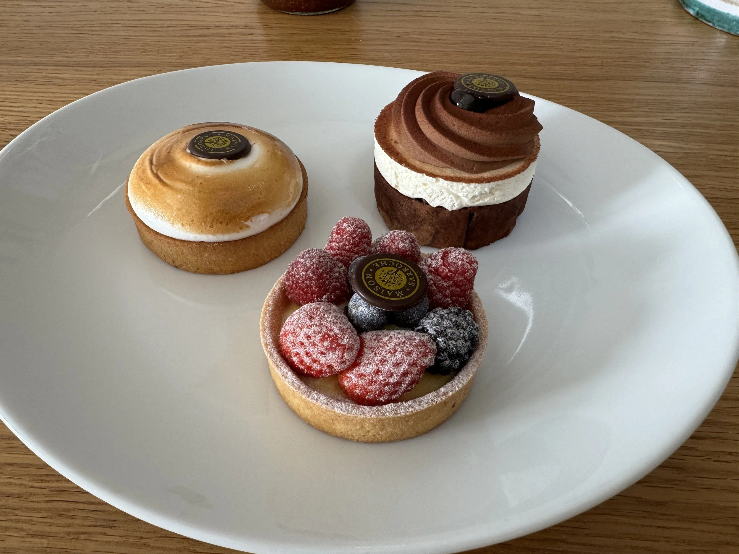 Three assorted small tarts with chocolate and fruit toppings on a white plate.