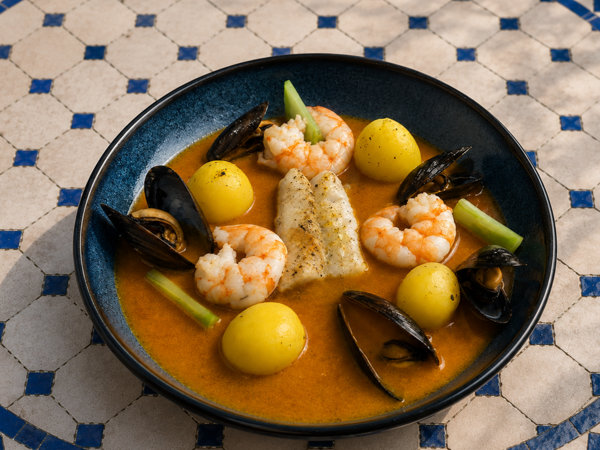 A bowl of seafood stew with shrimp, mussels, fish, potatoes, and celery in a broth.