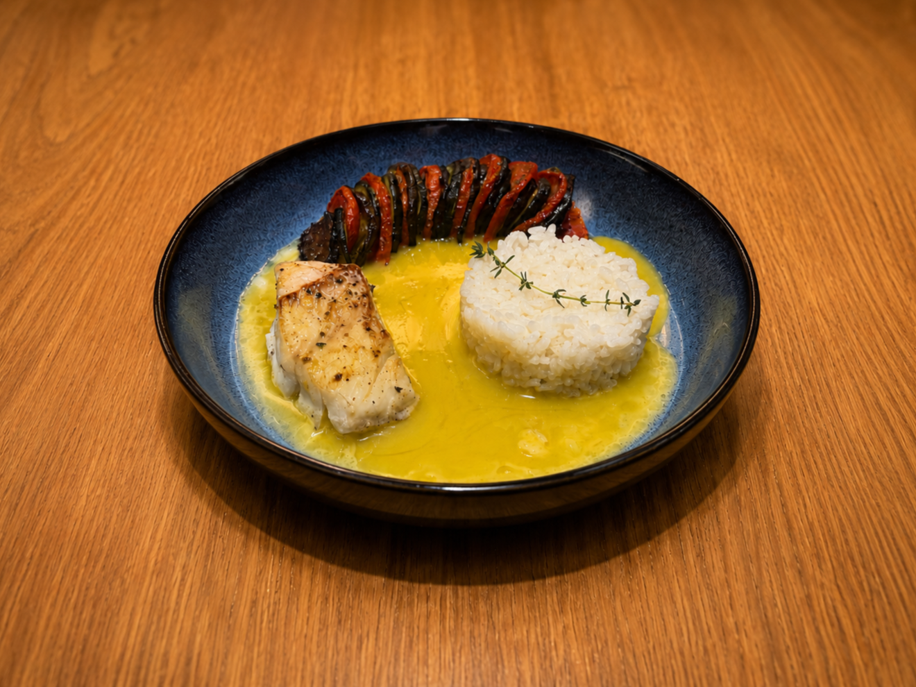 Plate with grilled chicken, rice mold with a sprig of thyme, and curly grilled vegetables, all in a yellow sauce, on a wooden table.