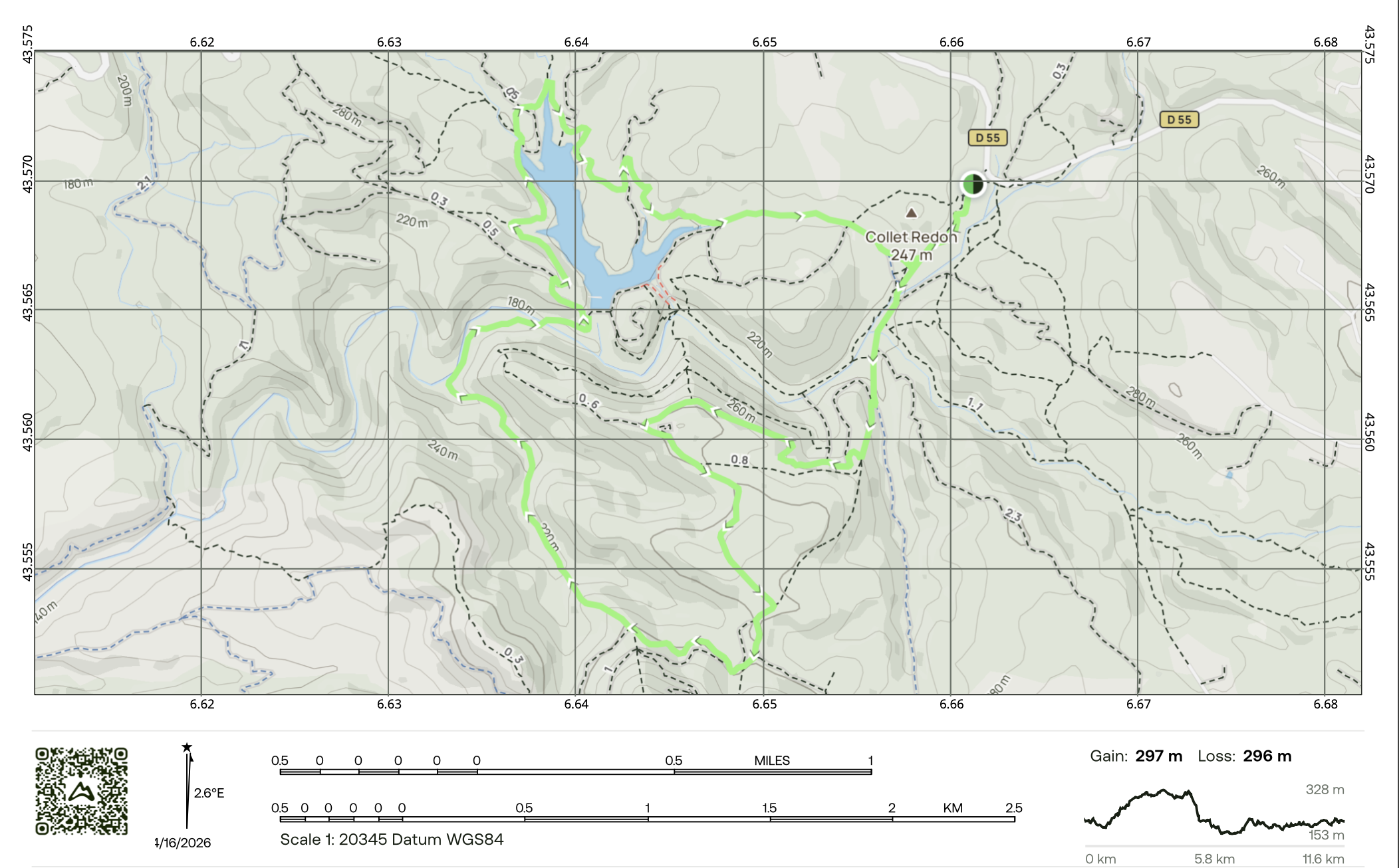 Topographic map showing trails, a lake, and elevation contours in a natural area, with marked elevation points and a trail highlighted in green.