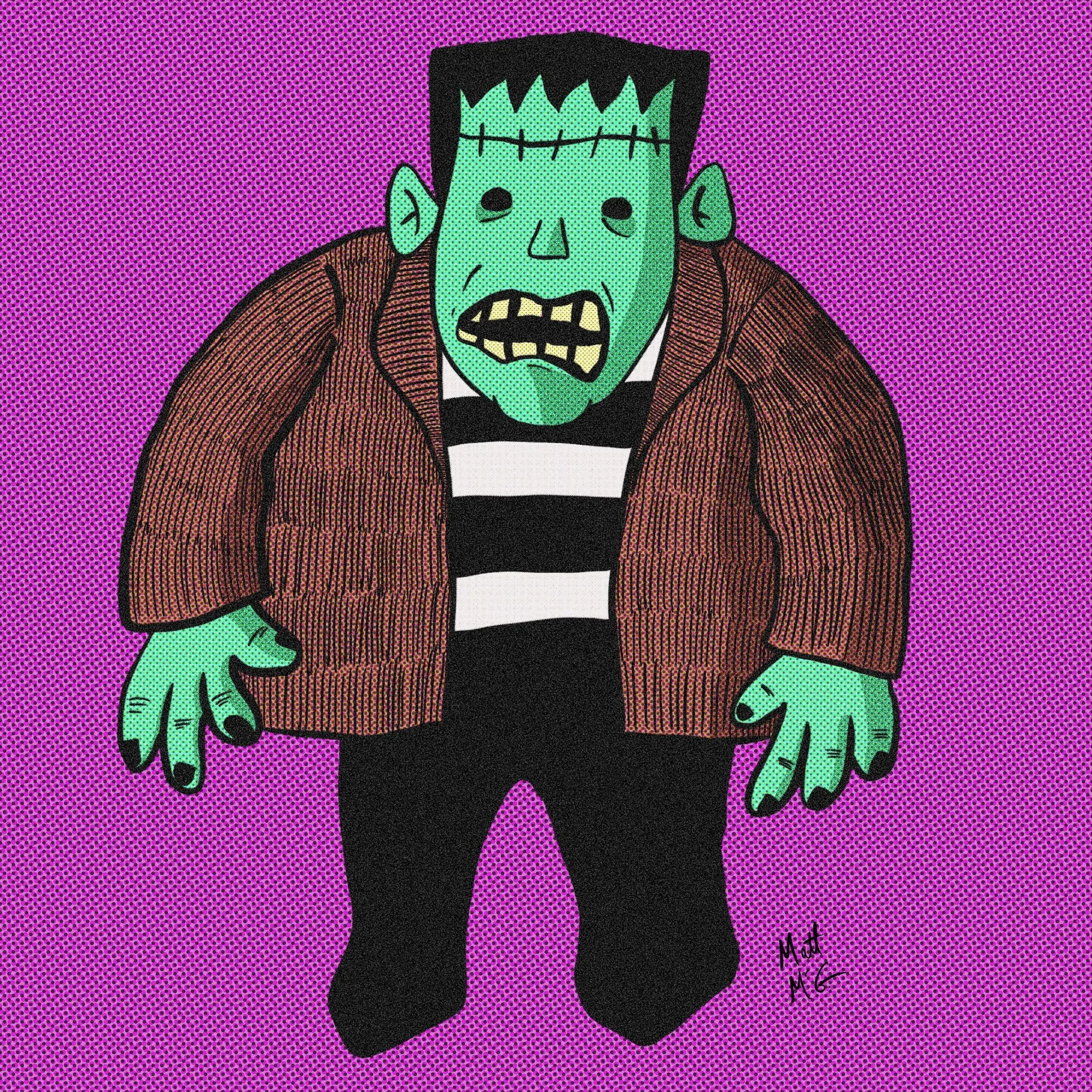 A drawing of a stout Frankenstein monster in front of a purple background.