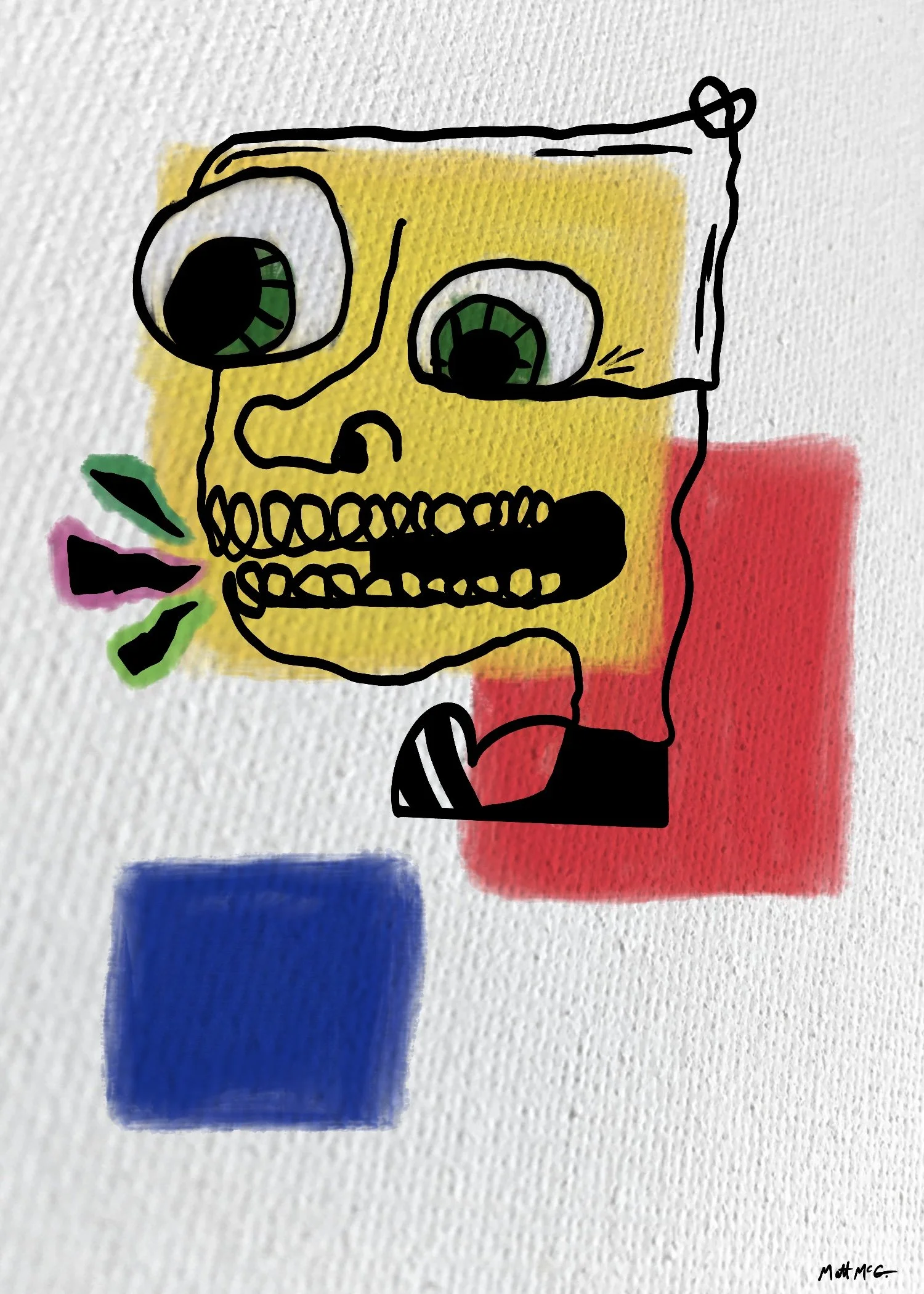 A crudely-drawn head is positioned in front of an abstract background made up of colorful squares.