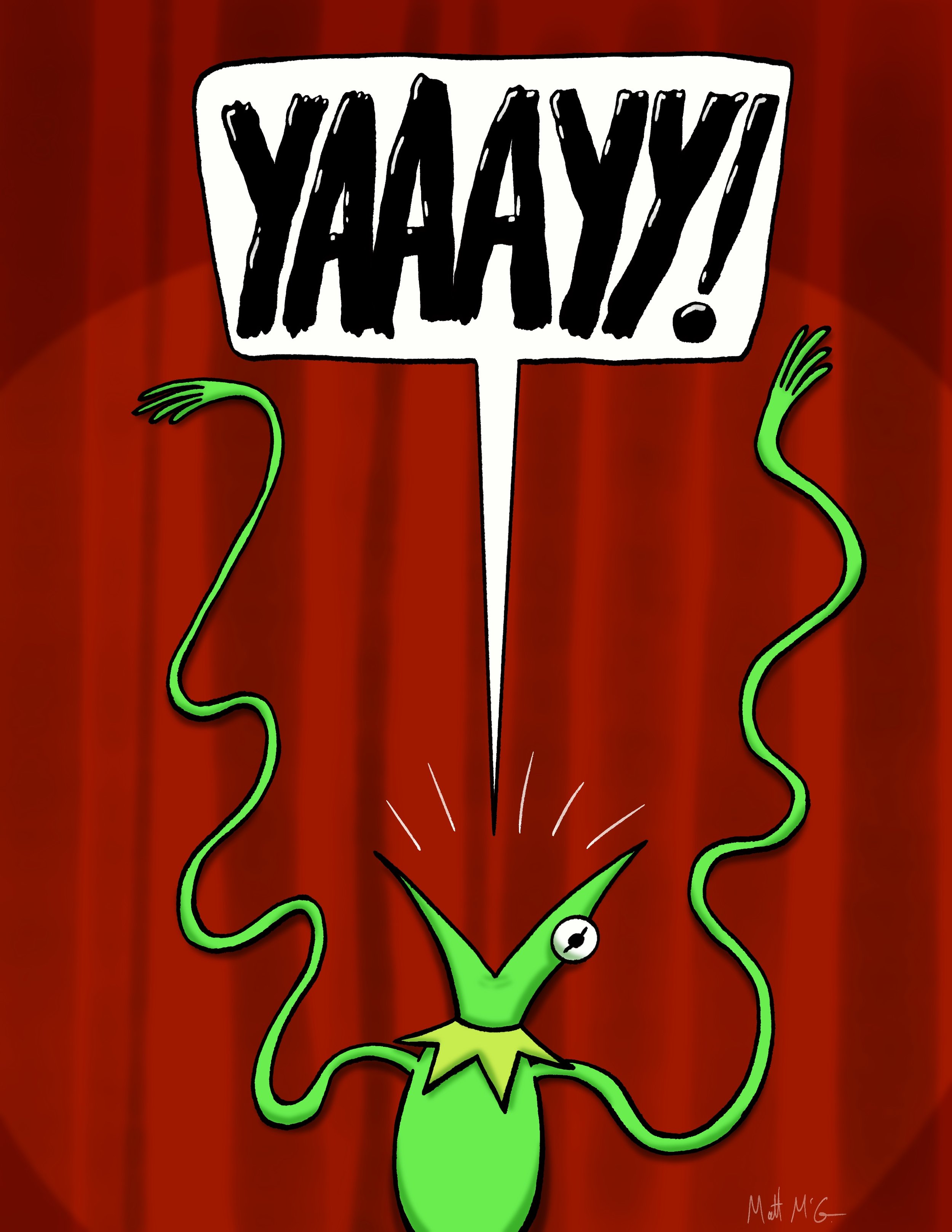 Kermit the Frog standing of front of a red curtain, flailing his arms, and shouting "YAAAYY!"