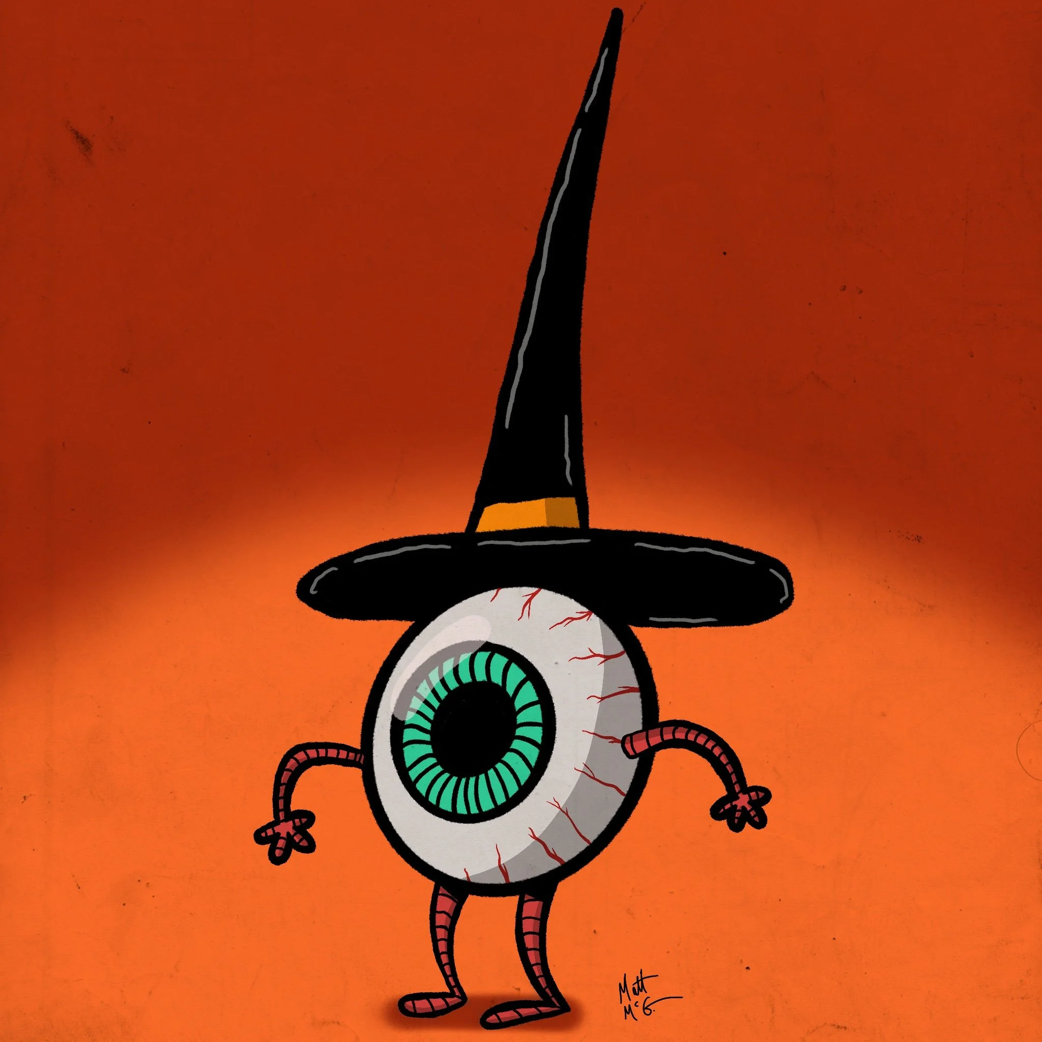 An eyeball with arms and legs wears a pointy witch hat and stands in front of an orange background.