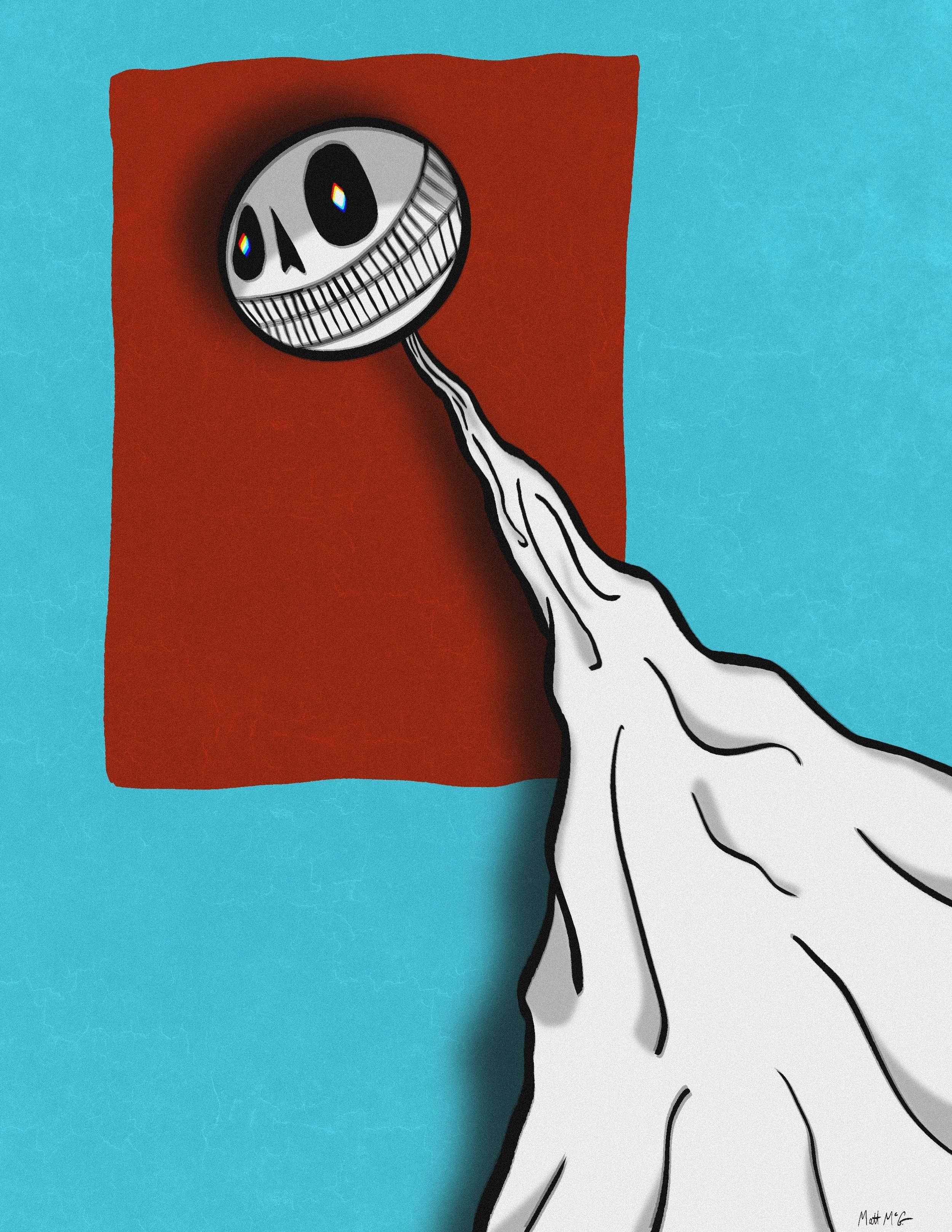 A ghostly figure made of white cloth stands in front of a blue and red background.