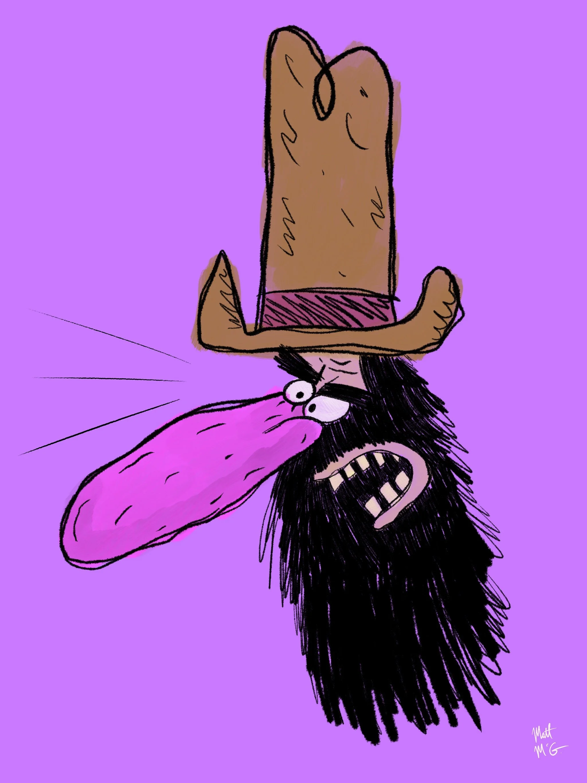 An angry bearded cowboy with a large ten-gallon hat and large pink nose is positioned in front of a purple background.