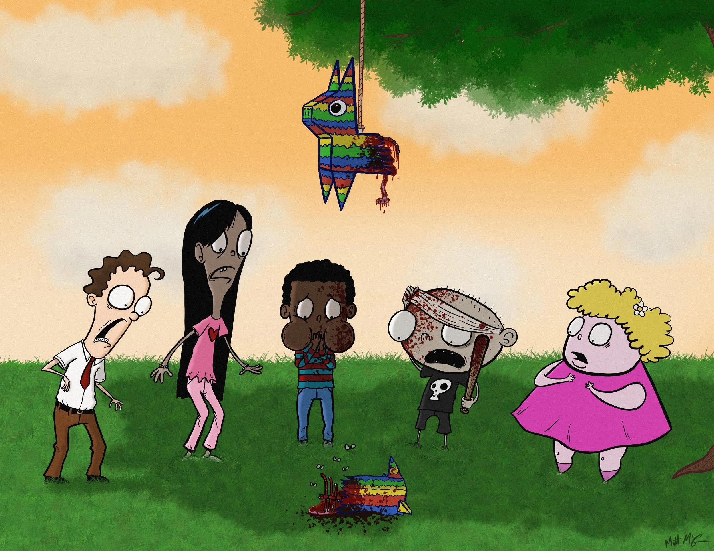 A cartoon depicting a birthday party where a pinata has just been broken, revealing plenty of blood, guts, and bones inside. The children stand around it, horrified.