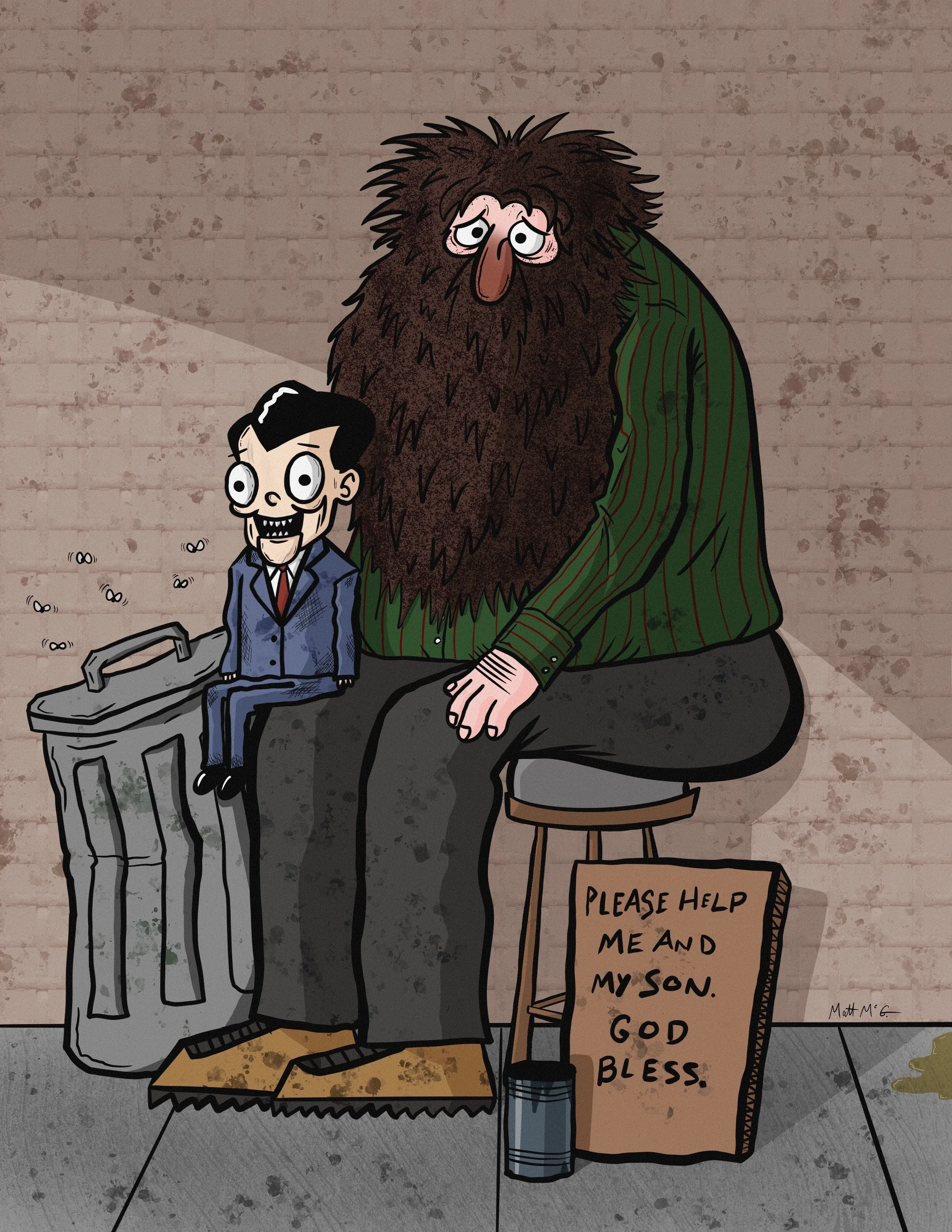 A large unhoused bearded man sits on a stool with a ventriloquist figure on his knee. A cardboard sign nearby reads, "Please help me and my son. God bless."