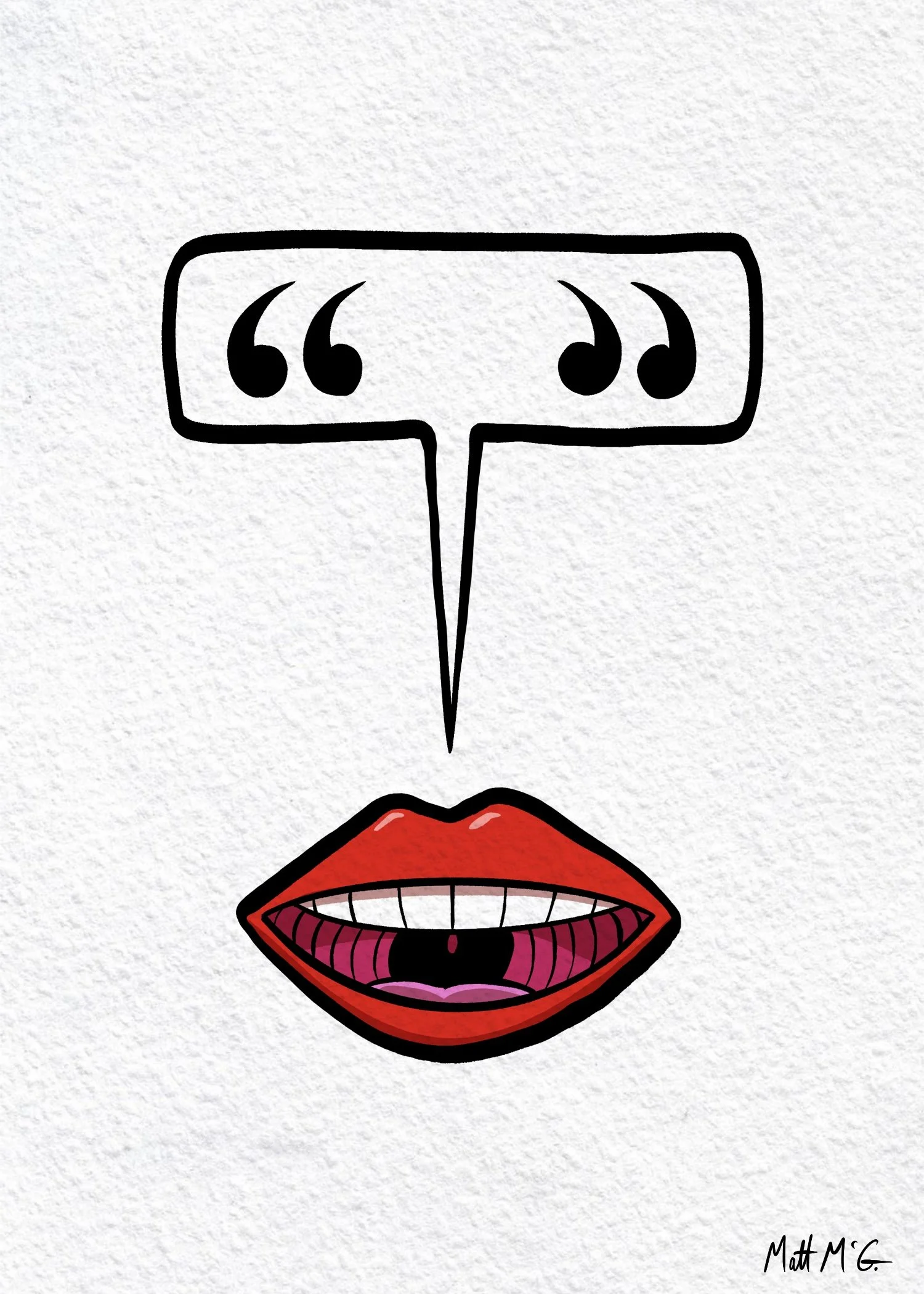 A pair of smiling red lips is positioned in front of a white background. Above the lips is a word balloon containing only large quotation marks.