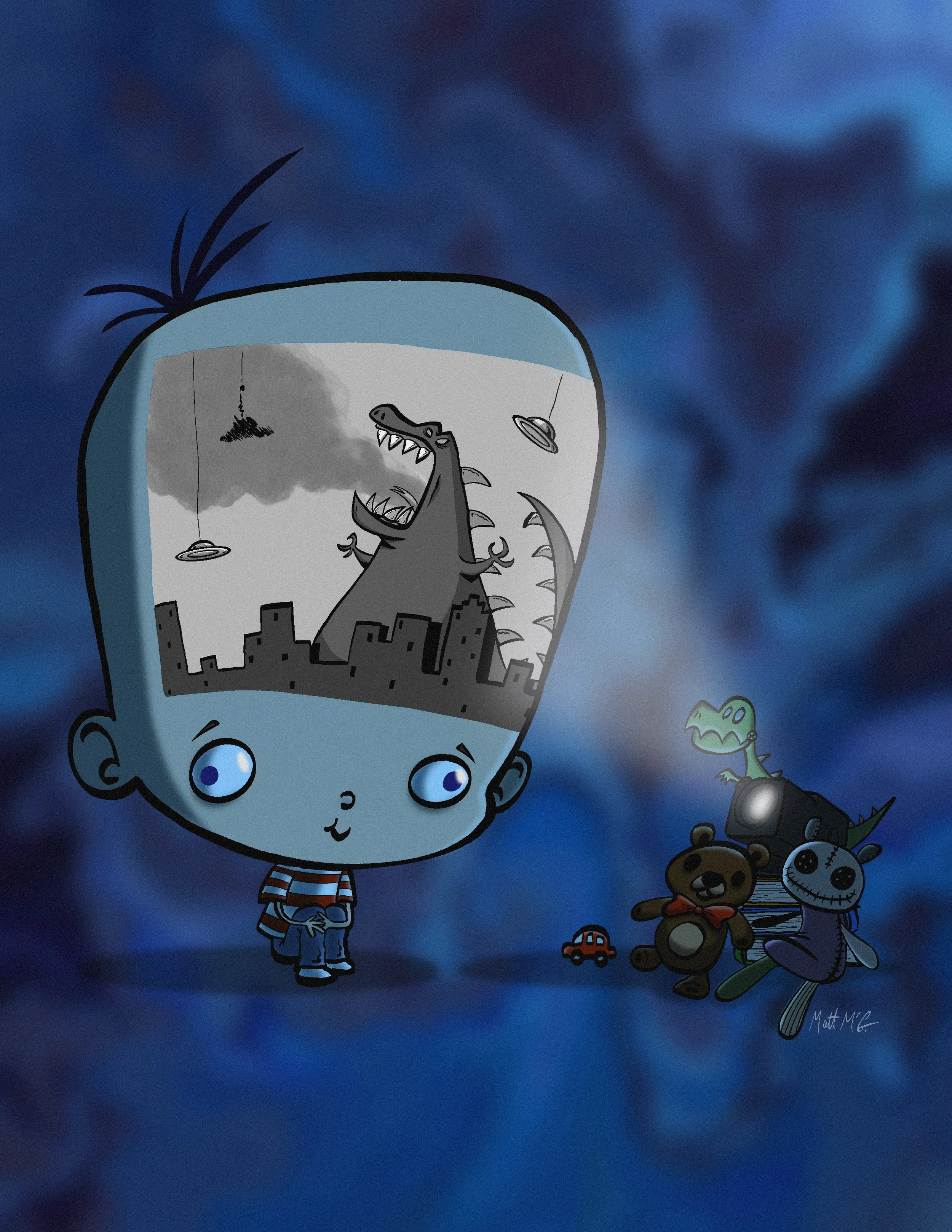 A large-headed boy projecting a black and white monster movie on his head for an audience of toys.