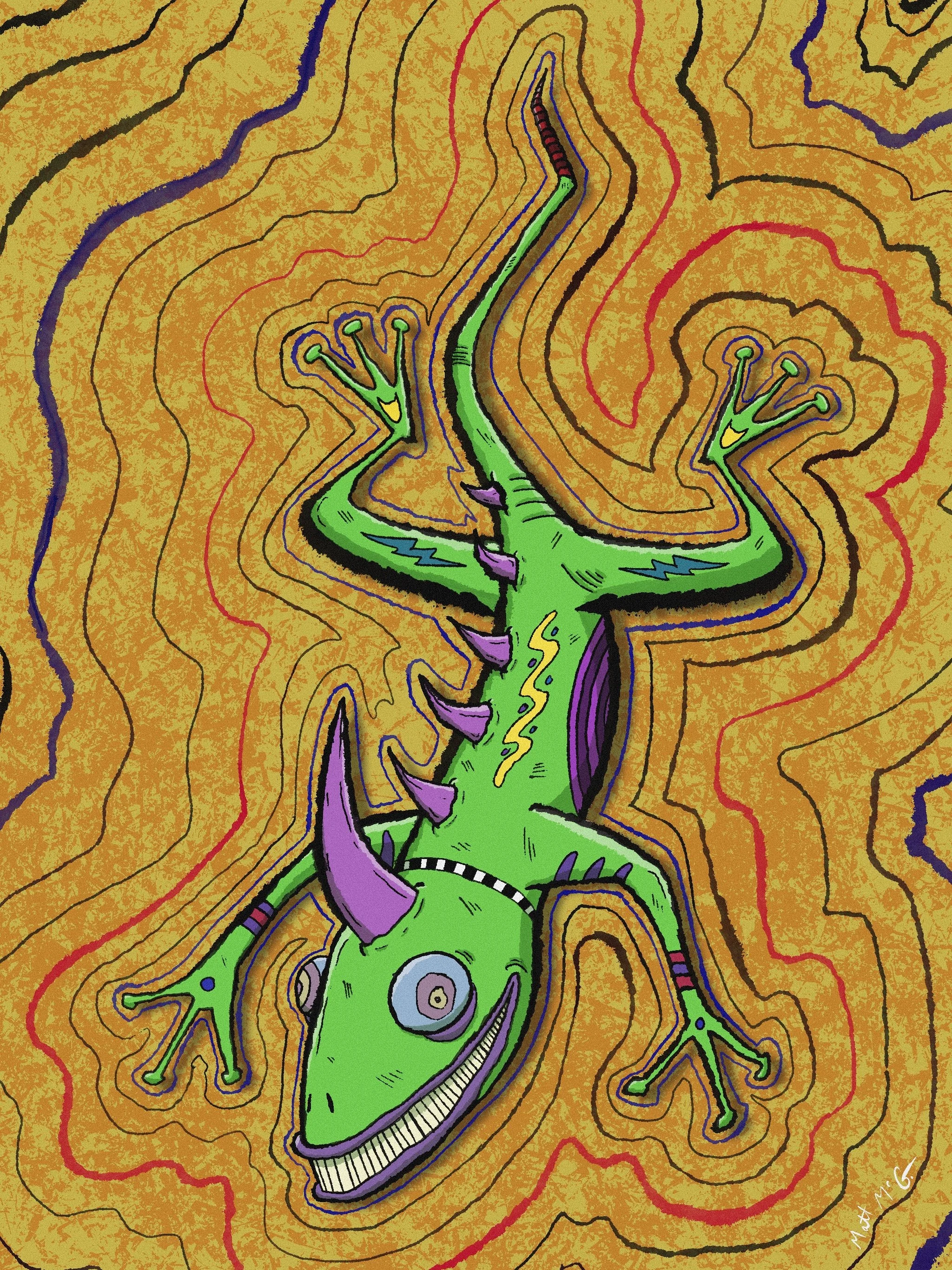 An outrageous multi-patterned smiling reptile is positioned in front of a loud, multi-colored, multi-textured background.