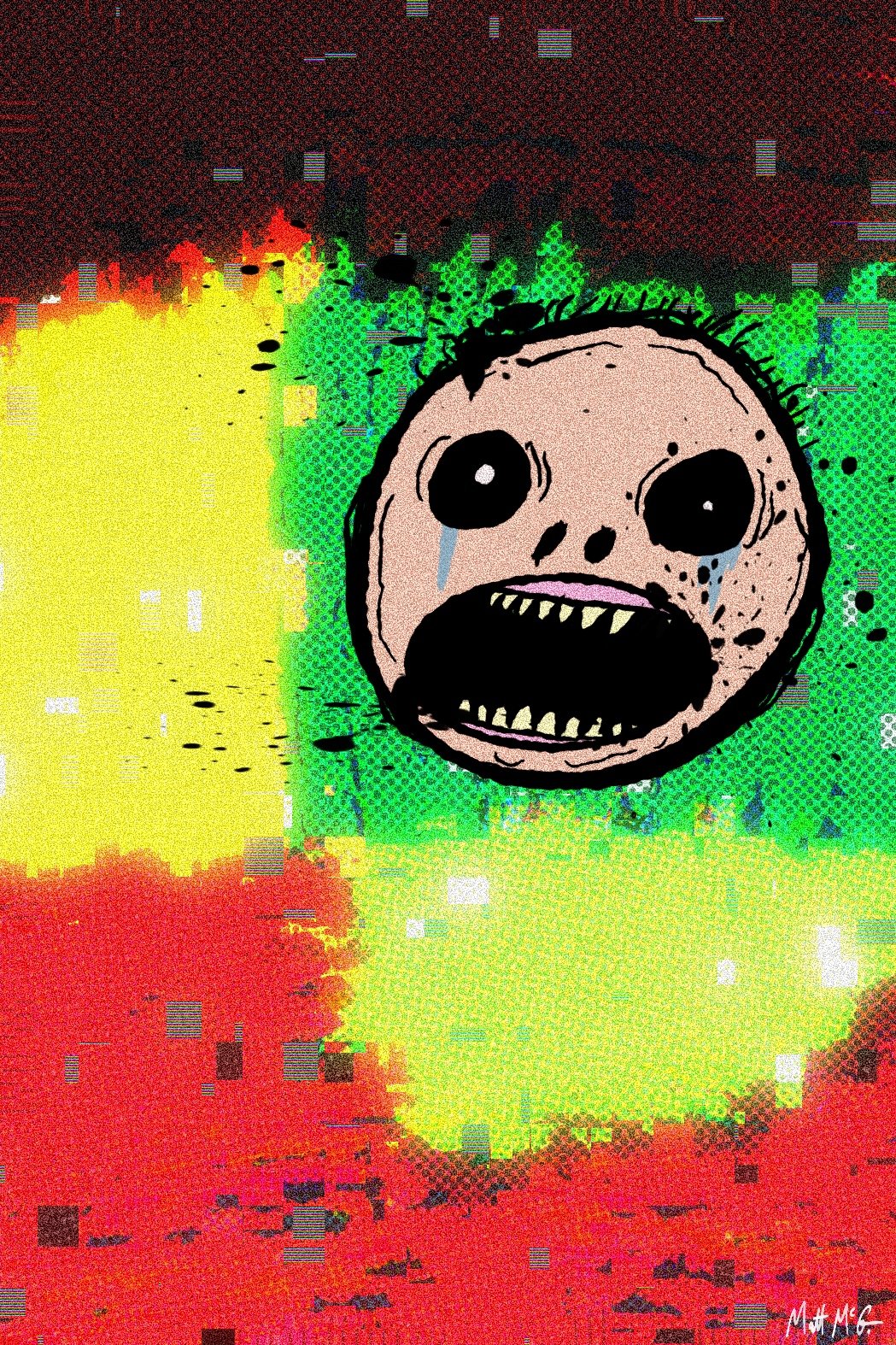 A round crying head with black eyes and large open mouth floats amidst a multi-colored background distorted with digital noise and artifacts.