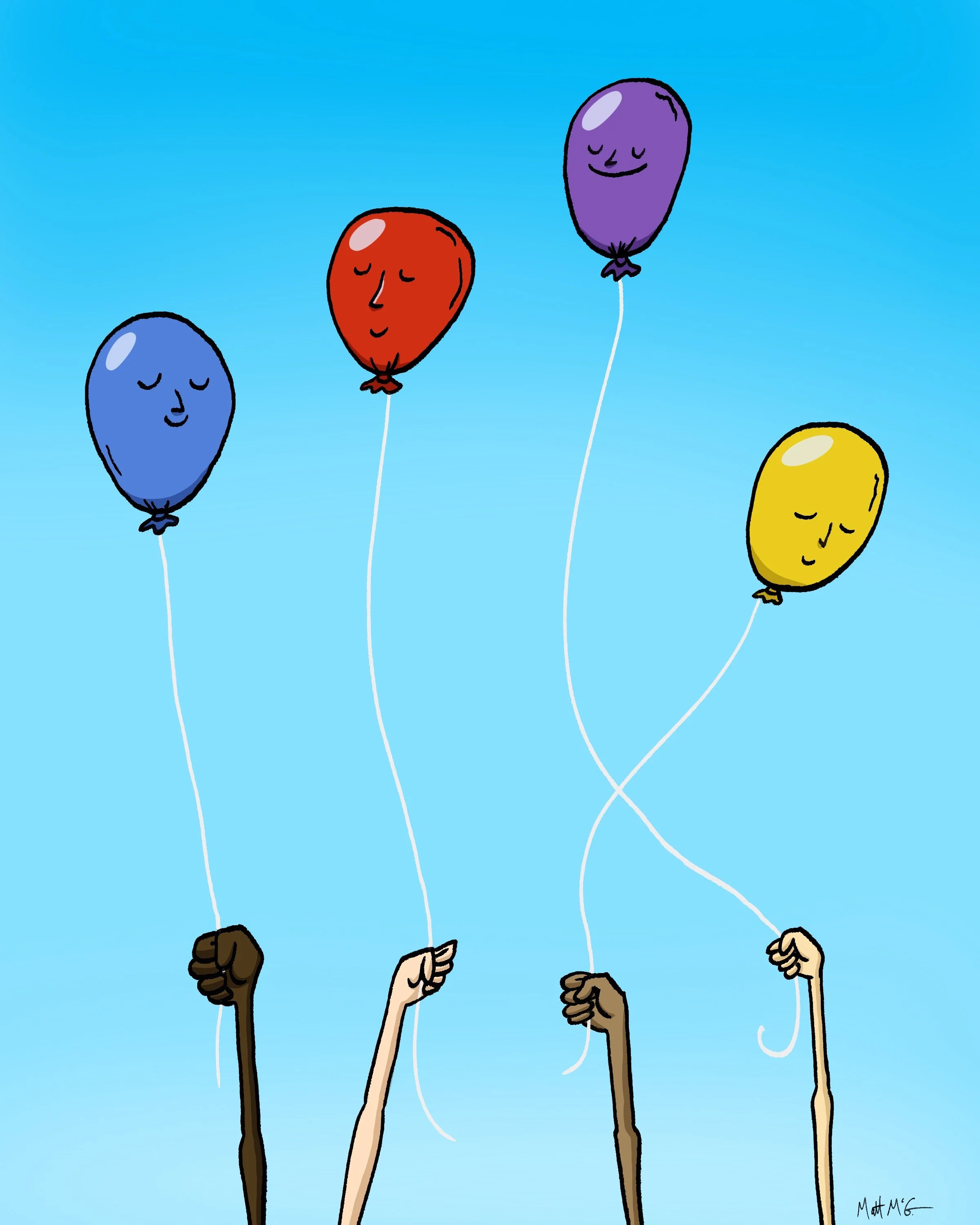 An illustration depicting various arms holding multi-colored balloons. Each balloon has a serene face on its surface.