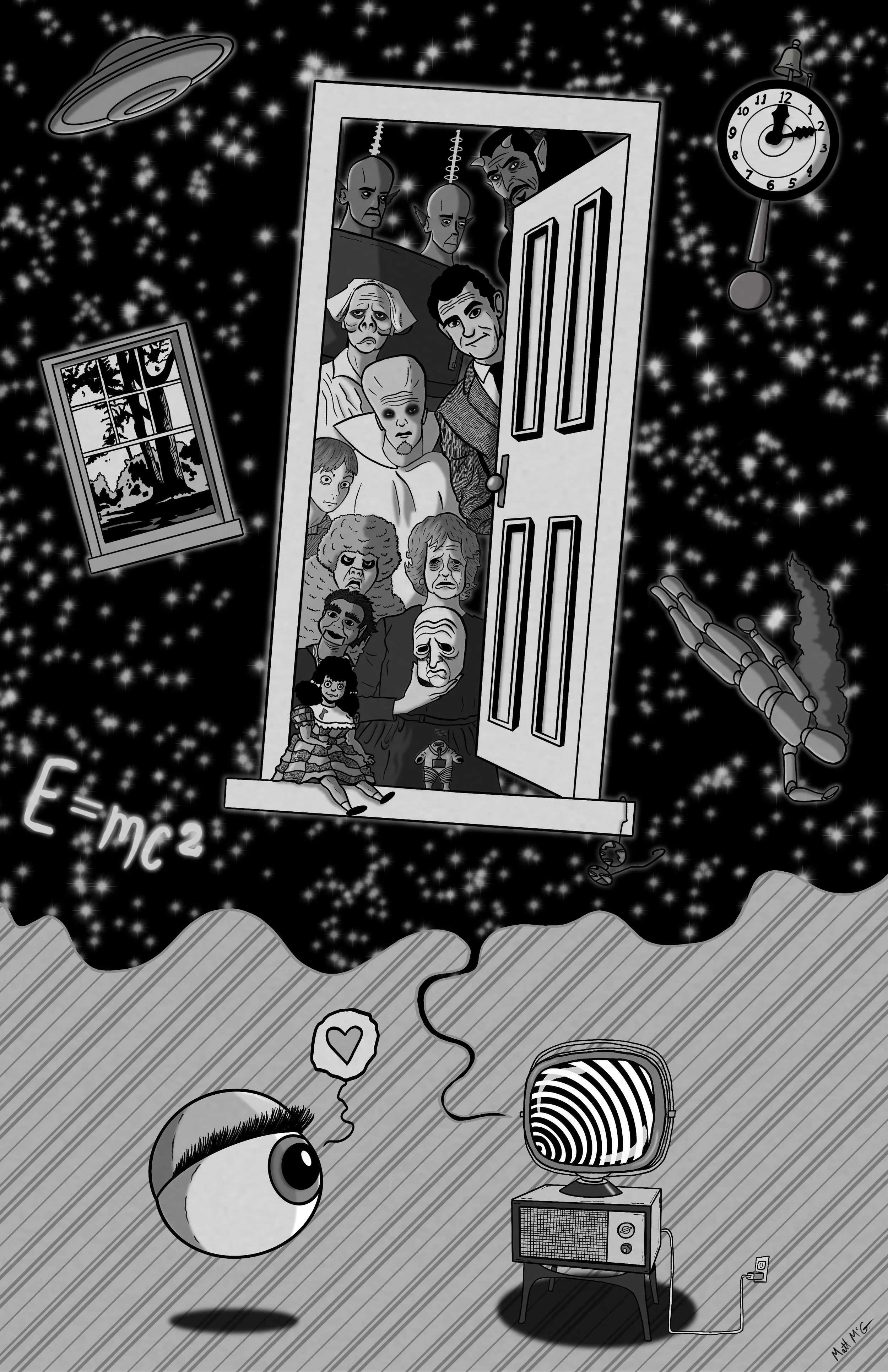 A tribute to Rod Serling's immortal series, "The Twilight Zone." The image features the eye from the seasons 4 and 5 opening watching a retro TV, which creates images from the series overhead.