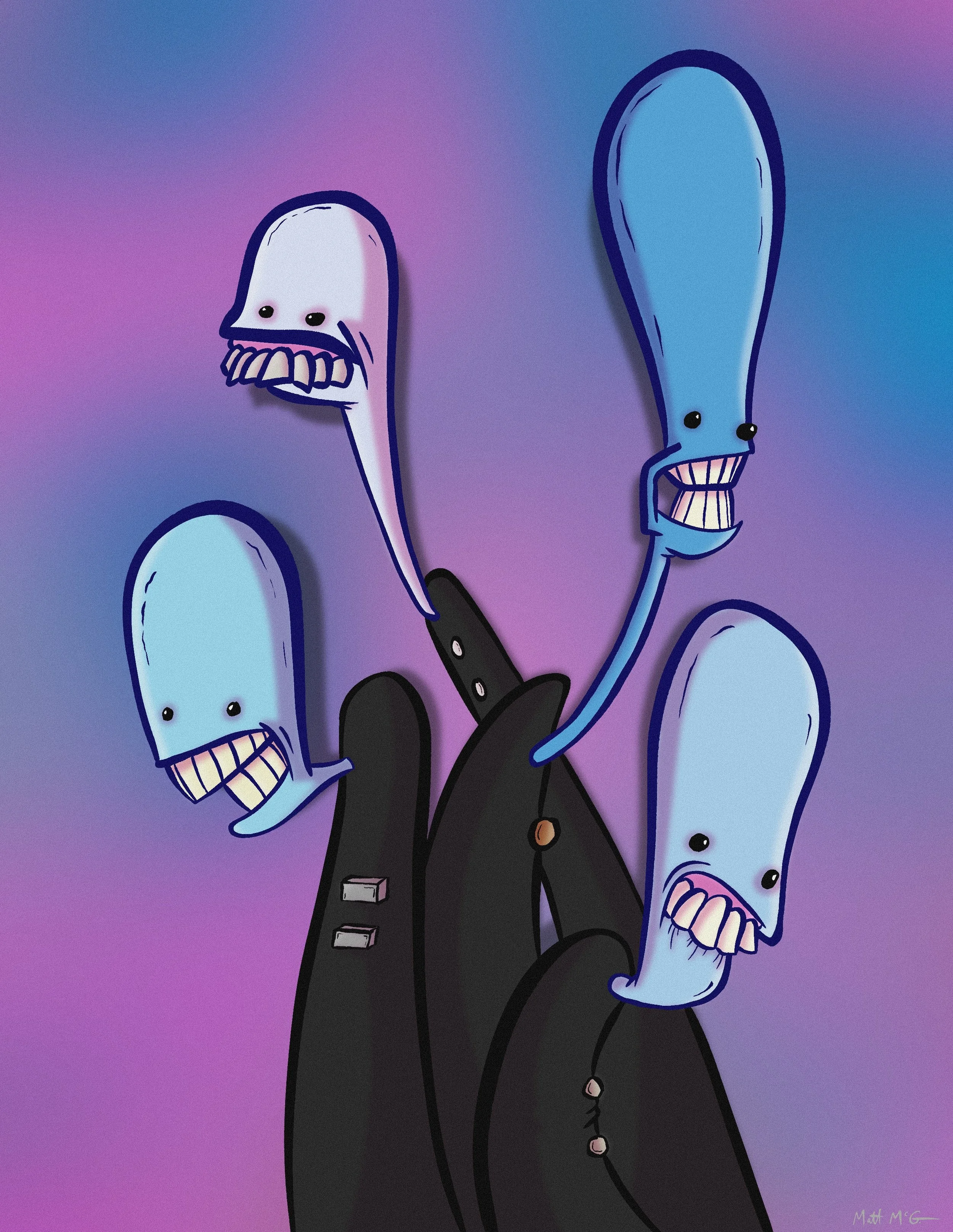 Several tall characters with large blue heads and black clothes stand in front of a pink and blue background.