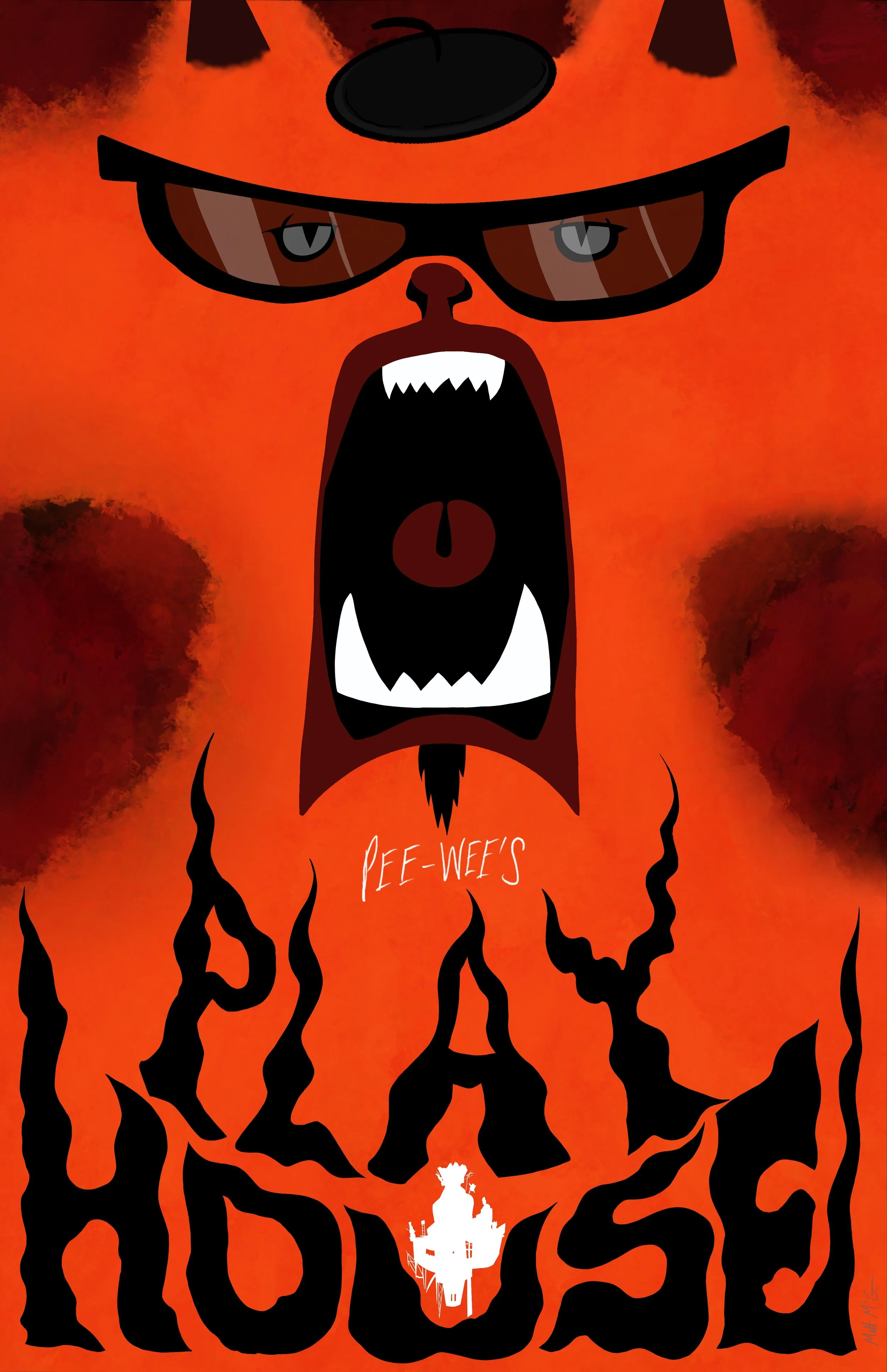 A parody of the Criterion Collection's famous "Hausu" poster, using Cool Cat in the place of Blanche. The title reads "Pee-wee's Playhouse" in lettering similar to the original poster's.