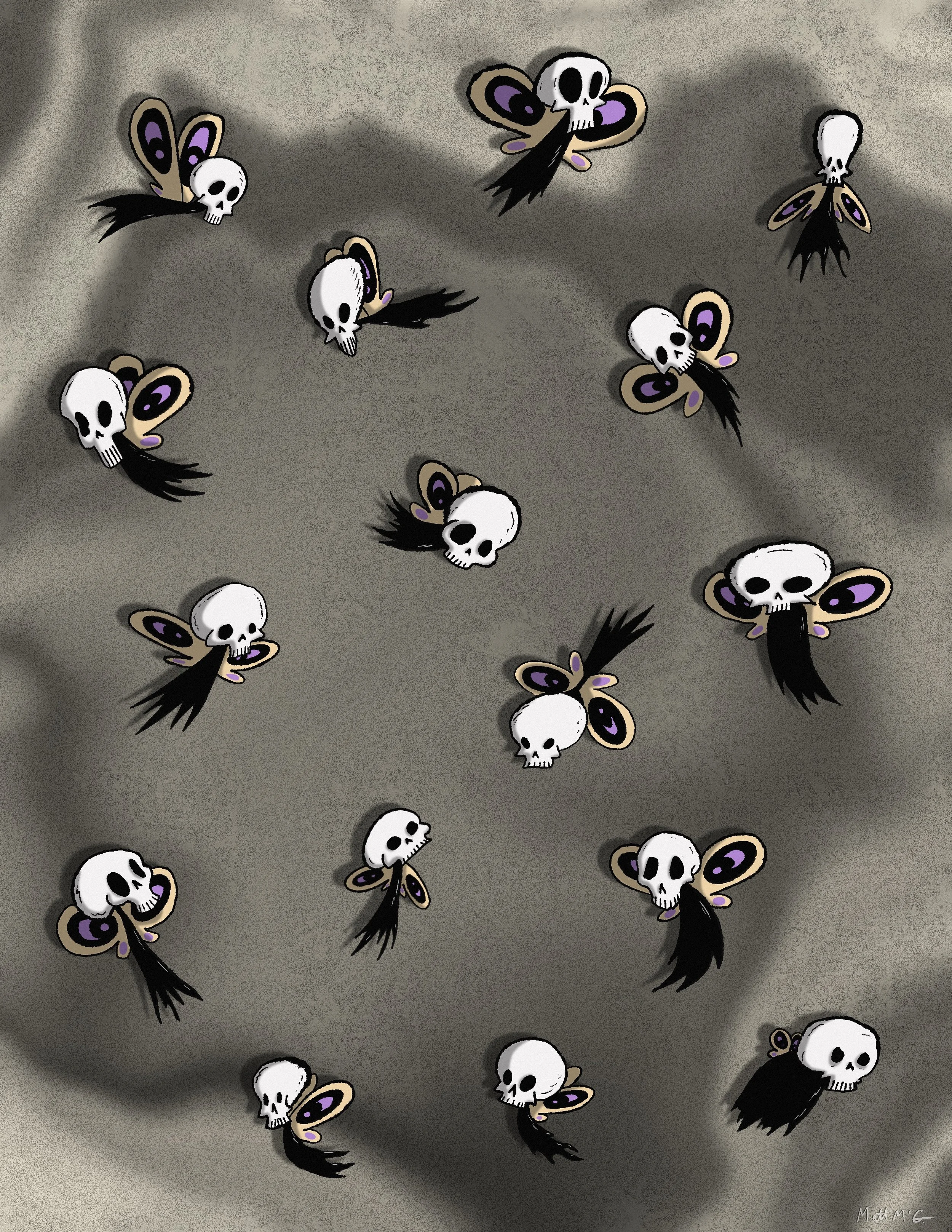 Several little butterfly-like creatures with skull heads and black fabric bodies fly in front of a grey background.