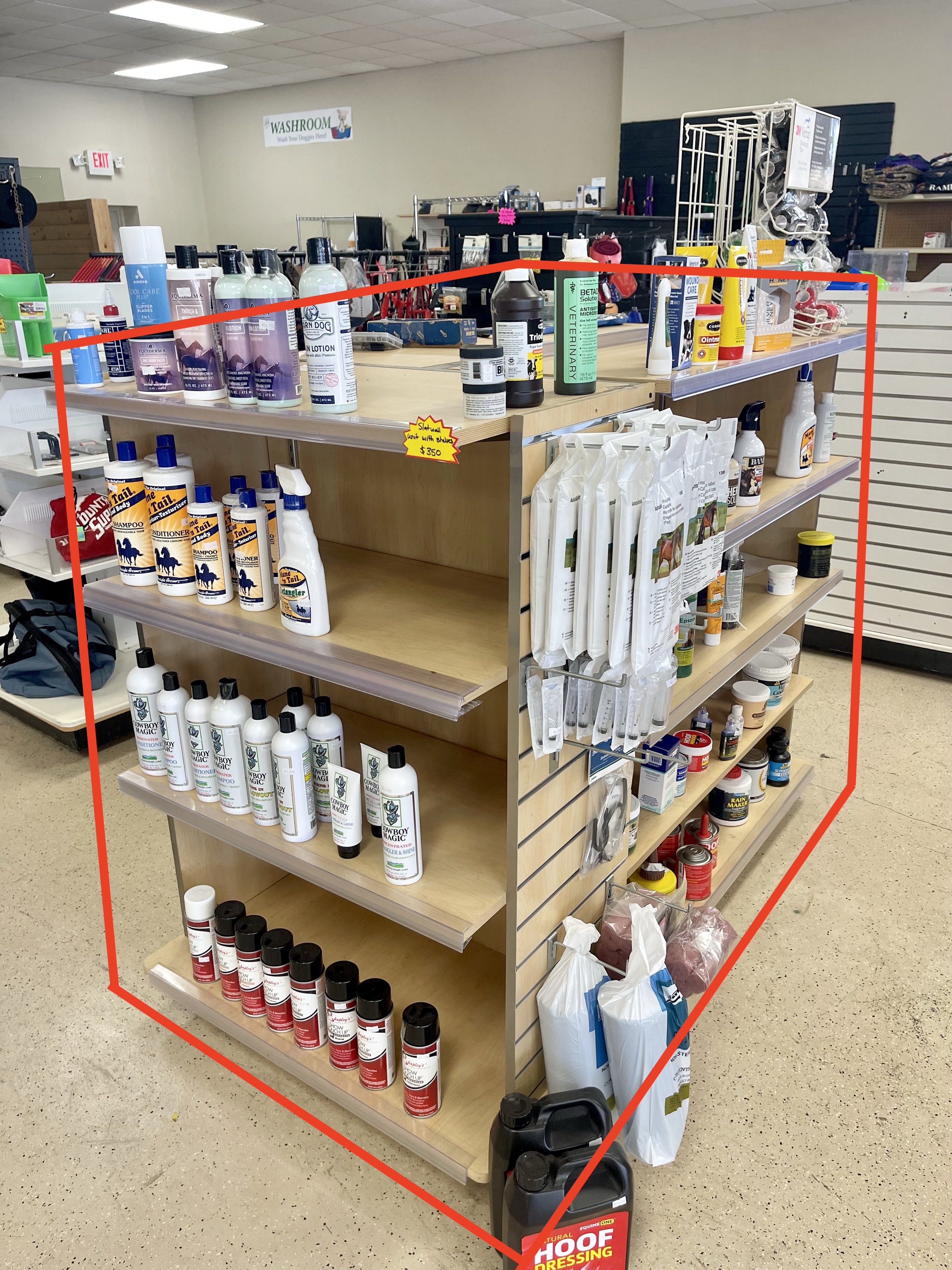 Lot 32
6ft 4 sided wooden slat and shelving fixture with 1 shelving end cap, $350
(2 available)