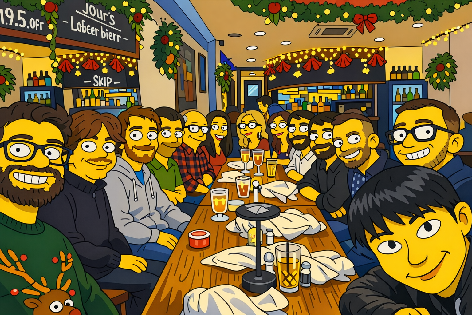 Cartoon illustration of a group of people gathered around a long table in a festive restaurant decorated with Christmas ornaments and lights.