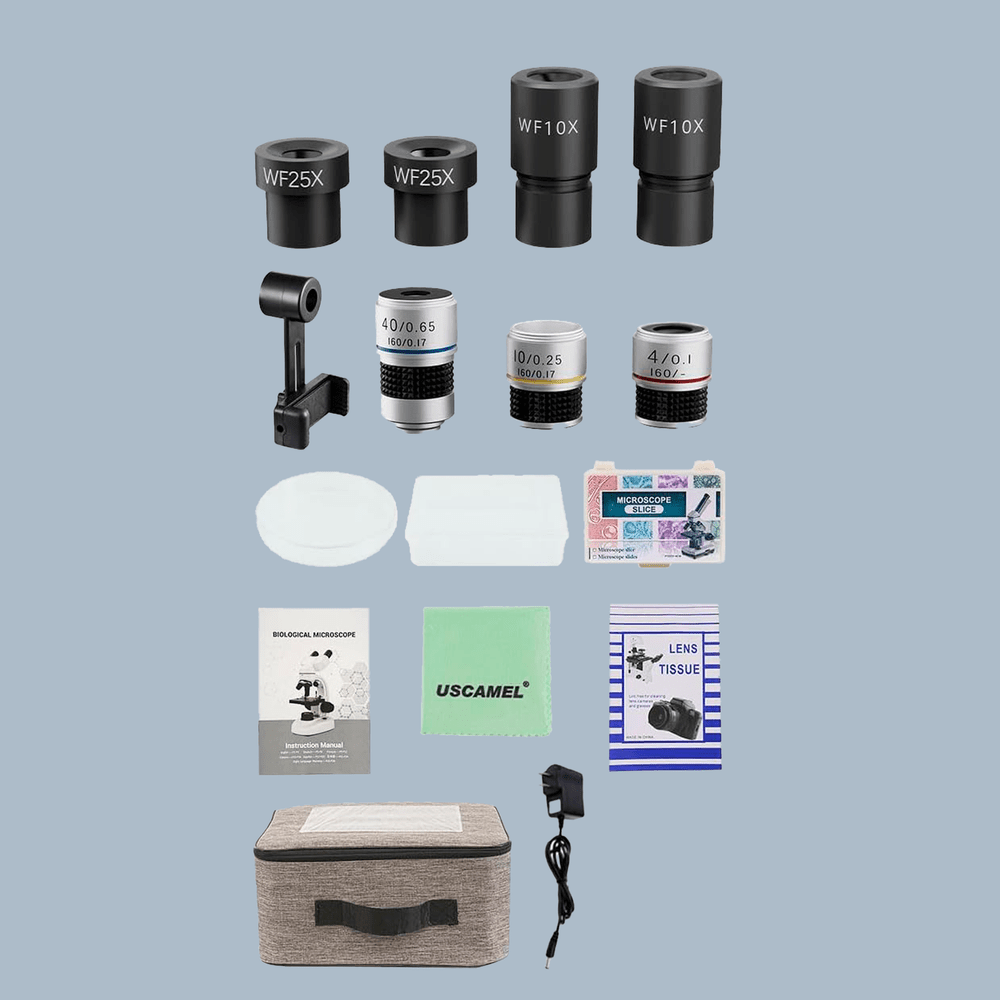 Microscopio Binocular Profesional 40X-1600X – Kit Educativo Con LED Dual, 25 Accesorios Y Soporte Para Móvil – Ideal Para Niños, Adultos Y Estudiantes