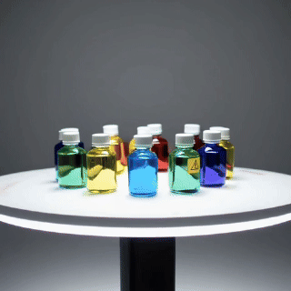 Botellas pequeñas con líquidos de colores sobre una mesa iluminada, etiquetados con precauciones de seguridad.