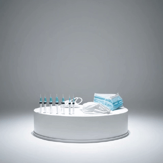 Varios jeringas, mascarillas quirúrgicas y guantes desechables sobre una plataforma blanca en un ambiente minimalista.