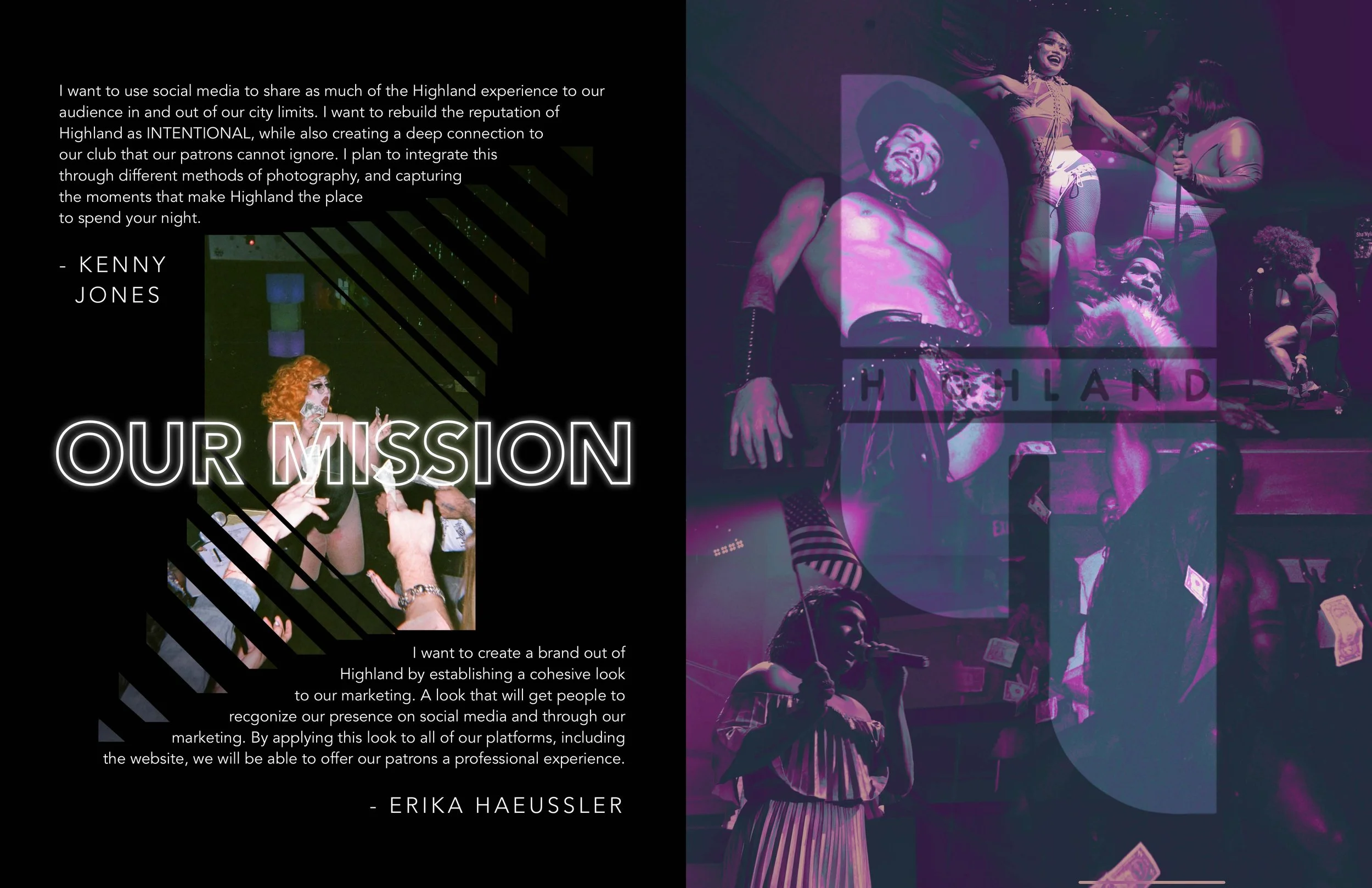 A digital collage with overlaid text. On the left, a black background with white and pink text about Highland's mission and branding, and a photo of a woman with red hair and glasses speaking to a crowd. On the right, a collage of images from a nightclub or performance venue, featuring performers with dramatic makeup and costumes, and neon lighting effects.