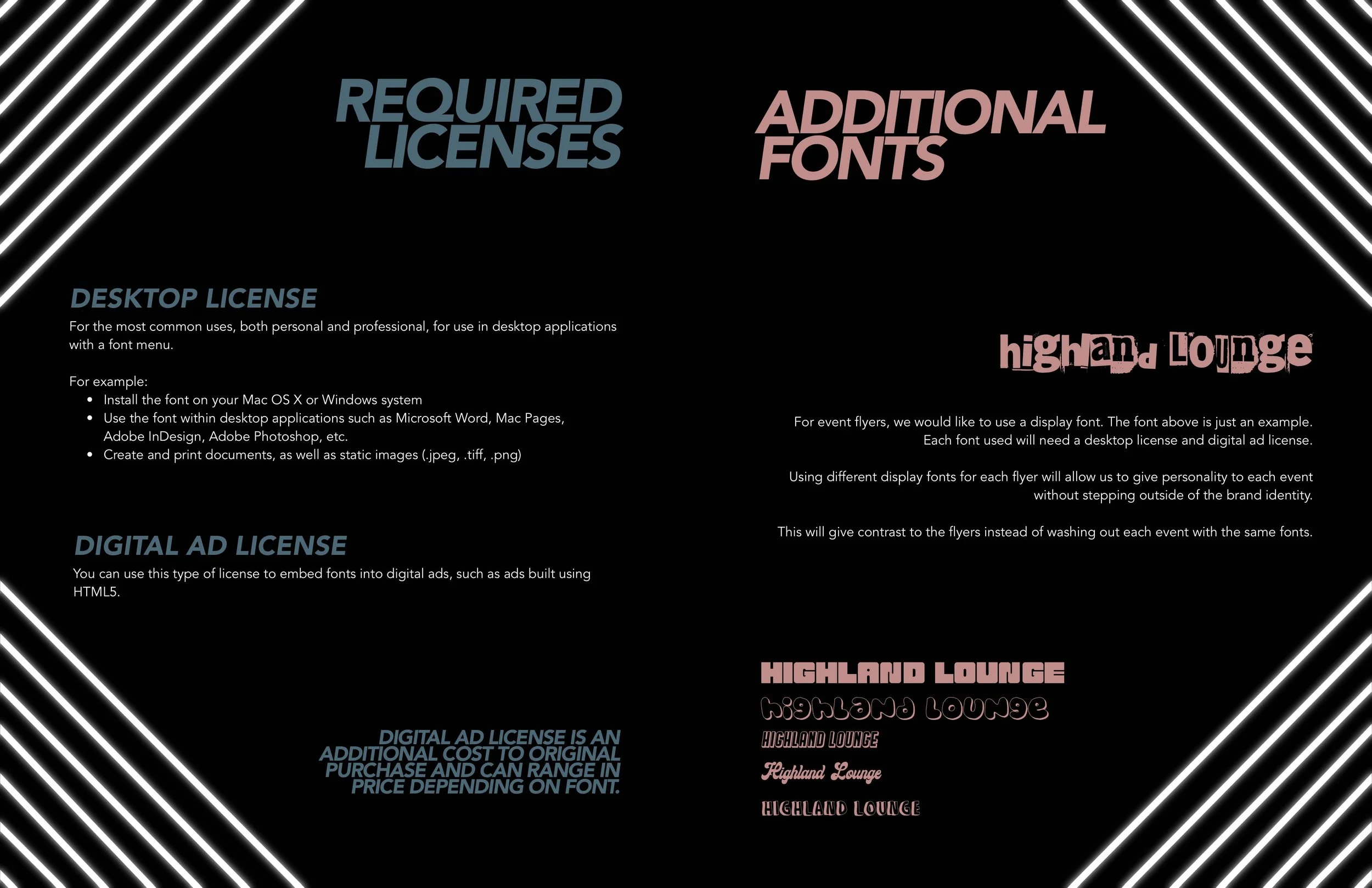 A digital flyer with a black background and neon-style diagonal white lines in the corners. The flyer contains shaded blue and pink text sections explaining font licensing. The section titles are 'REQUIRED LICENSES', 'ADDITIONAL FONTS', 'DESKTOP LICENSE', 'DIGITAL AD LICENSE', with detailed descriptions underneath. The flyer demonstrates different font styles for 'HIGHLAND LOUNGE' in pink, with variations in font types and sizes.