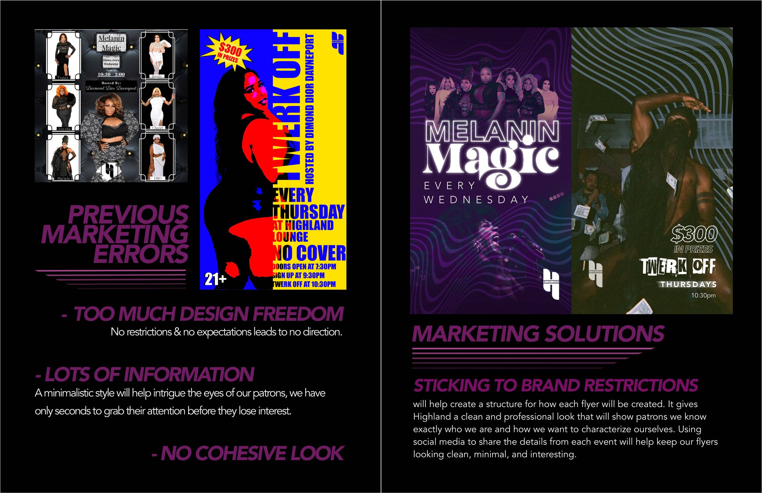 Collage of promotional flyers for events, featuring models, vibrant colors, and text advertising weekly parties, marketing solutions, and event details.
