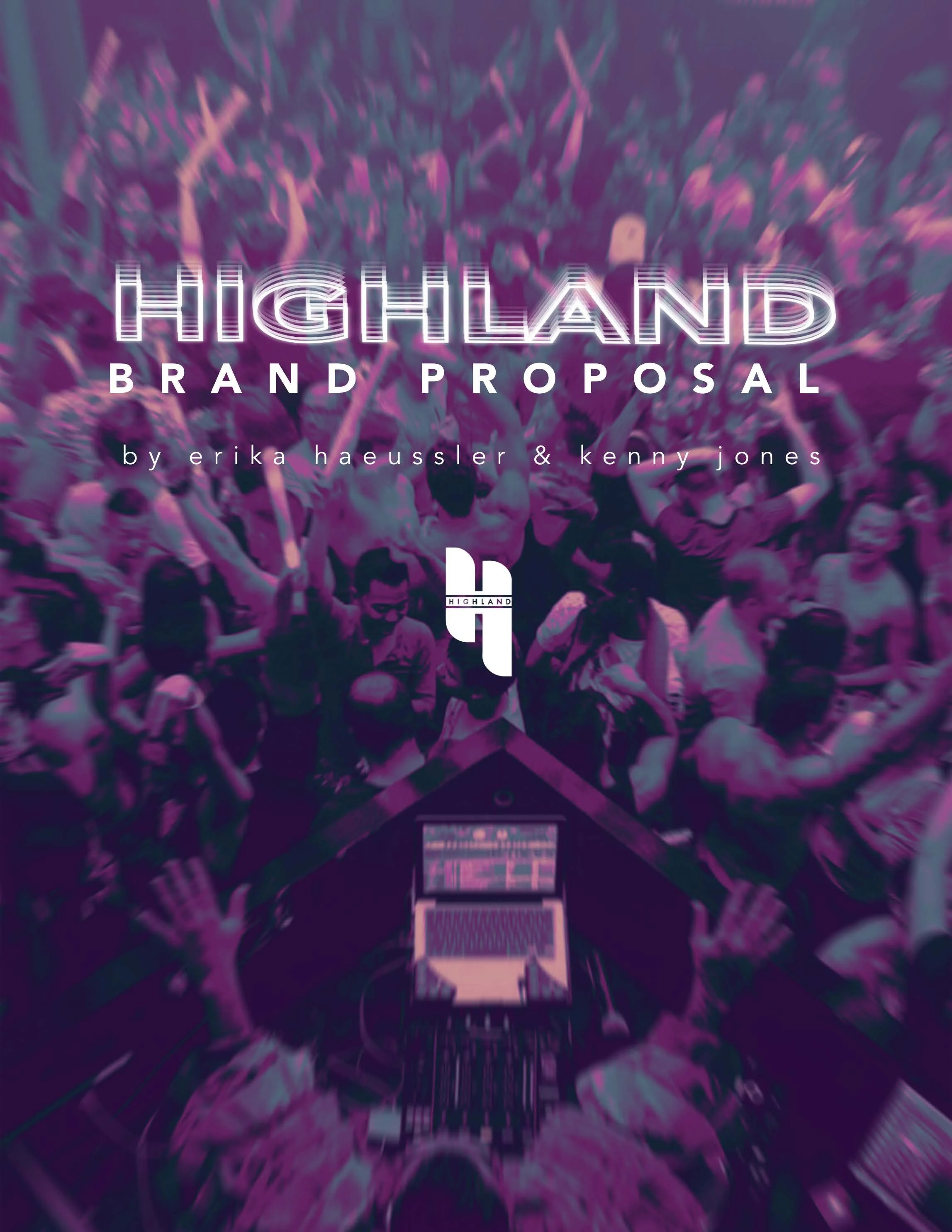 Event flyer titled 'Highland Brand Proposal' showing a crowded dance floor and a DJ at a booth, with purple and pink lighting.